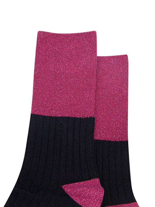 Folding Cuff Ribbed Cotton Glitter Socks in Berry/Black