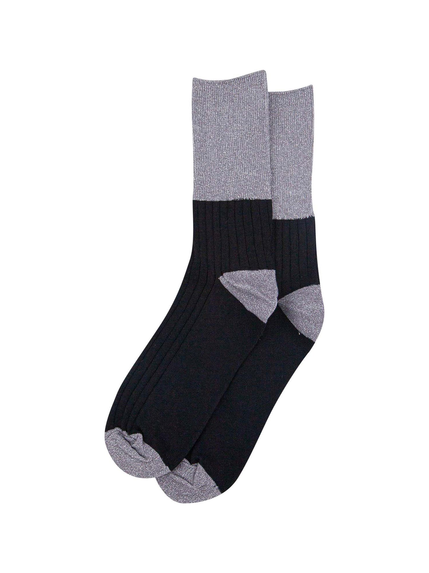 black cotton socks with contrasting grey glitter cuff, heel and toe