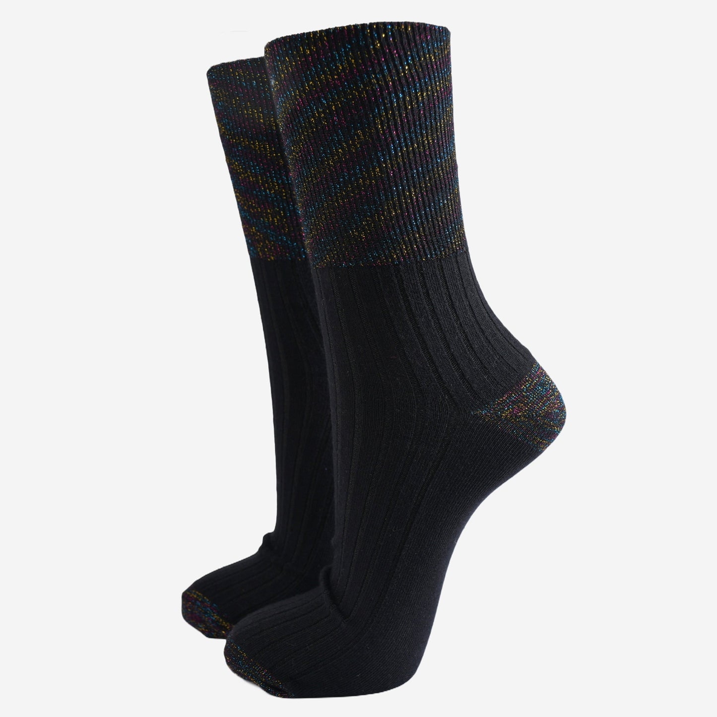 black ribbed cotton ankle socks with a black rainbow glitter heel, toe and cuff, the cuff is designed to be folded over so the sock can be worn at various heights