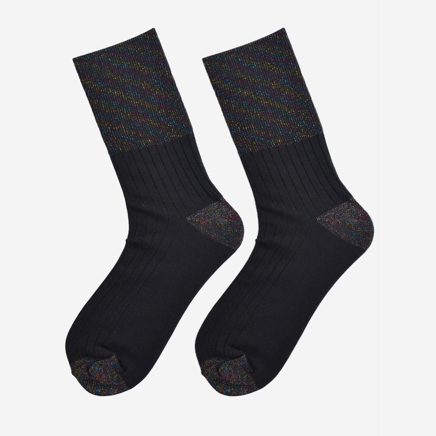 showing the socks laying flat, the folding cuff is clearly visible and has an all over rainbow glitter sparkle. the body of the socks are ribbed.