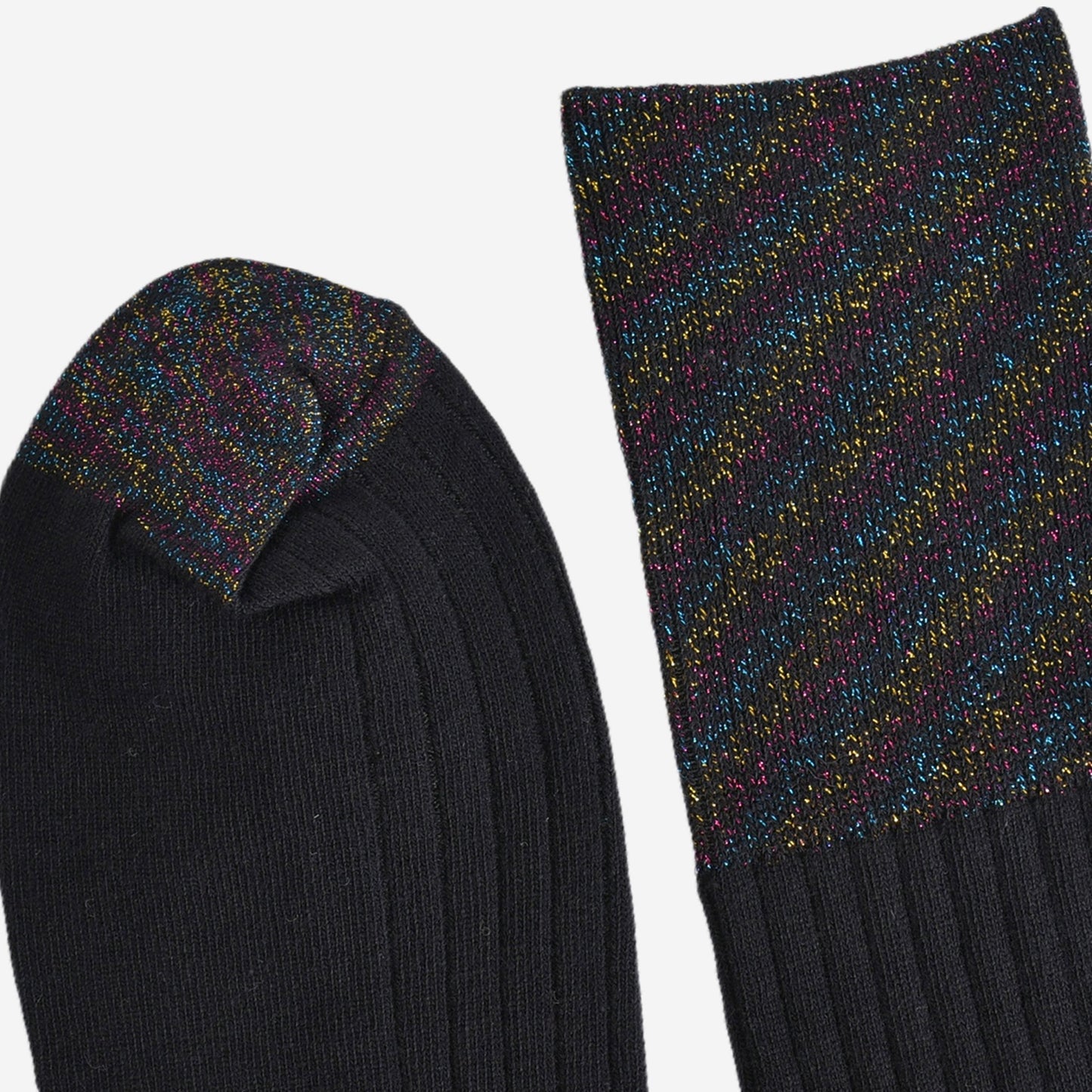 close up of the toe and cuff, both have the black rainbow glitter pattern and contrast the plain black ribbed body of the socks