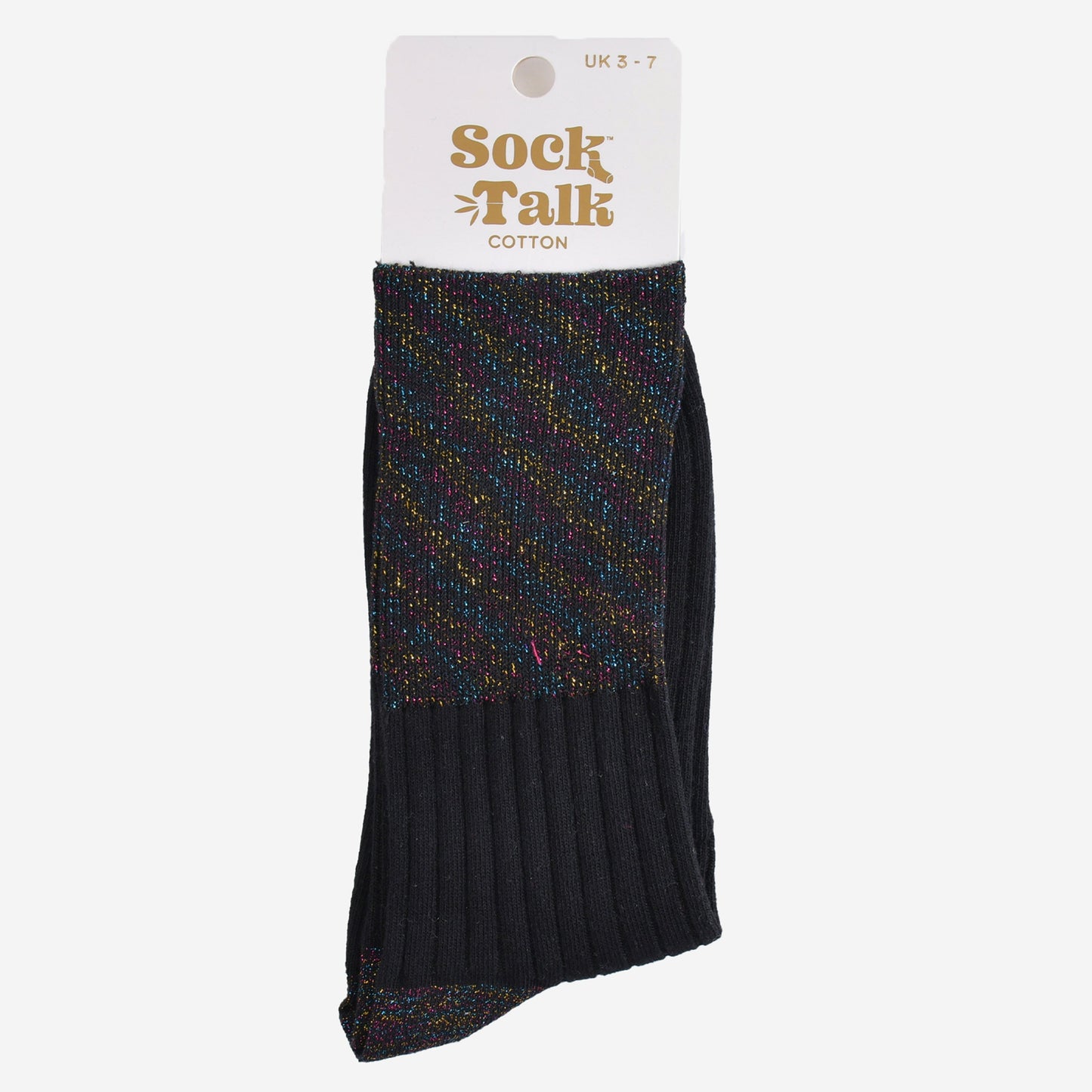 black rainbow folding cuff ankle socks in their sock talk packaging, the socks are a uk size 3-7