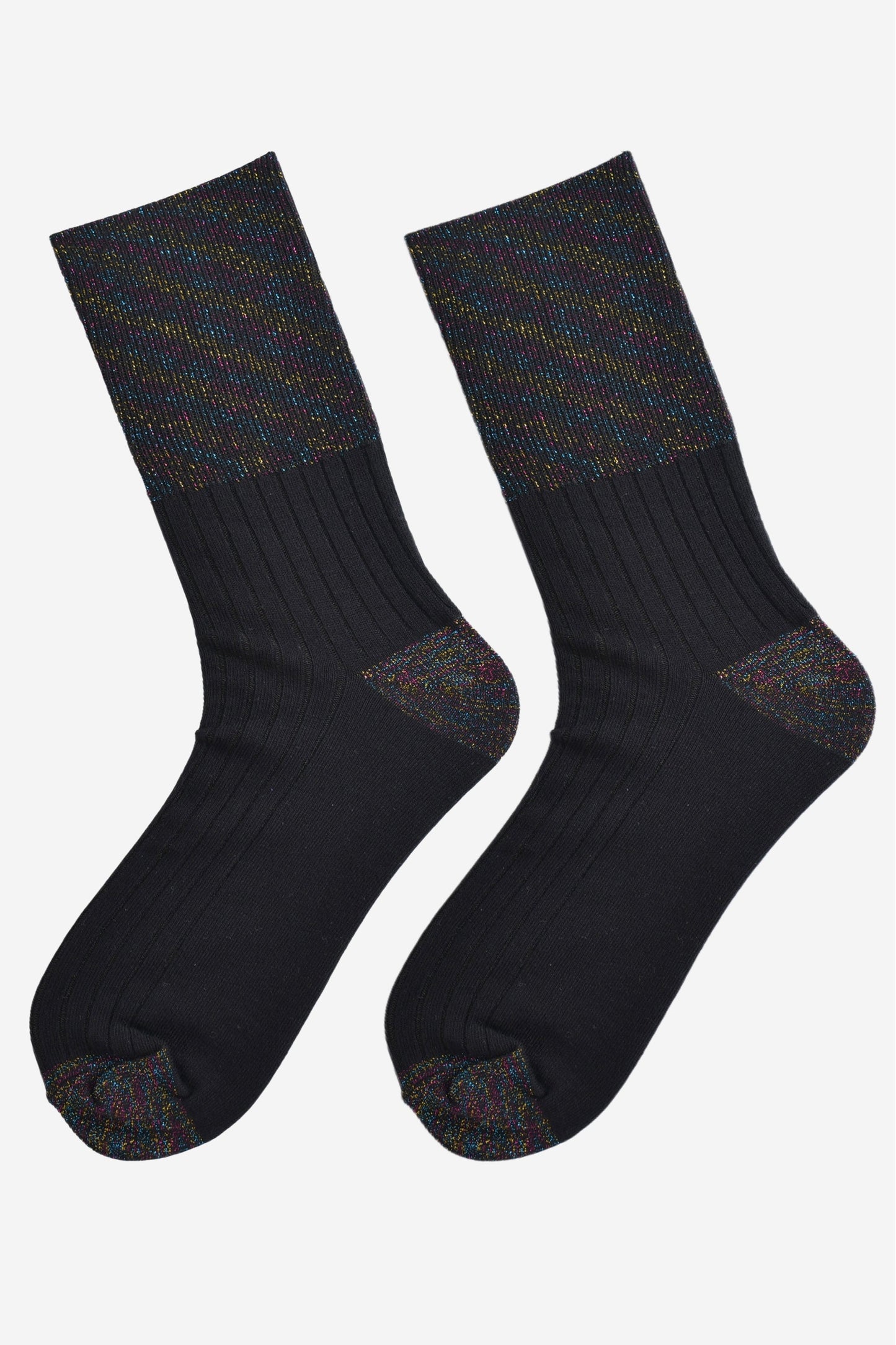 showing the socks laying flat, the folding cuff is clearly visible and has an all over rainbow glitter sparkle. the body of the socks are ribbed.