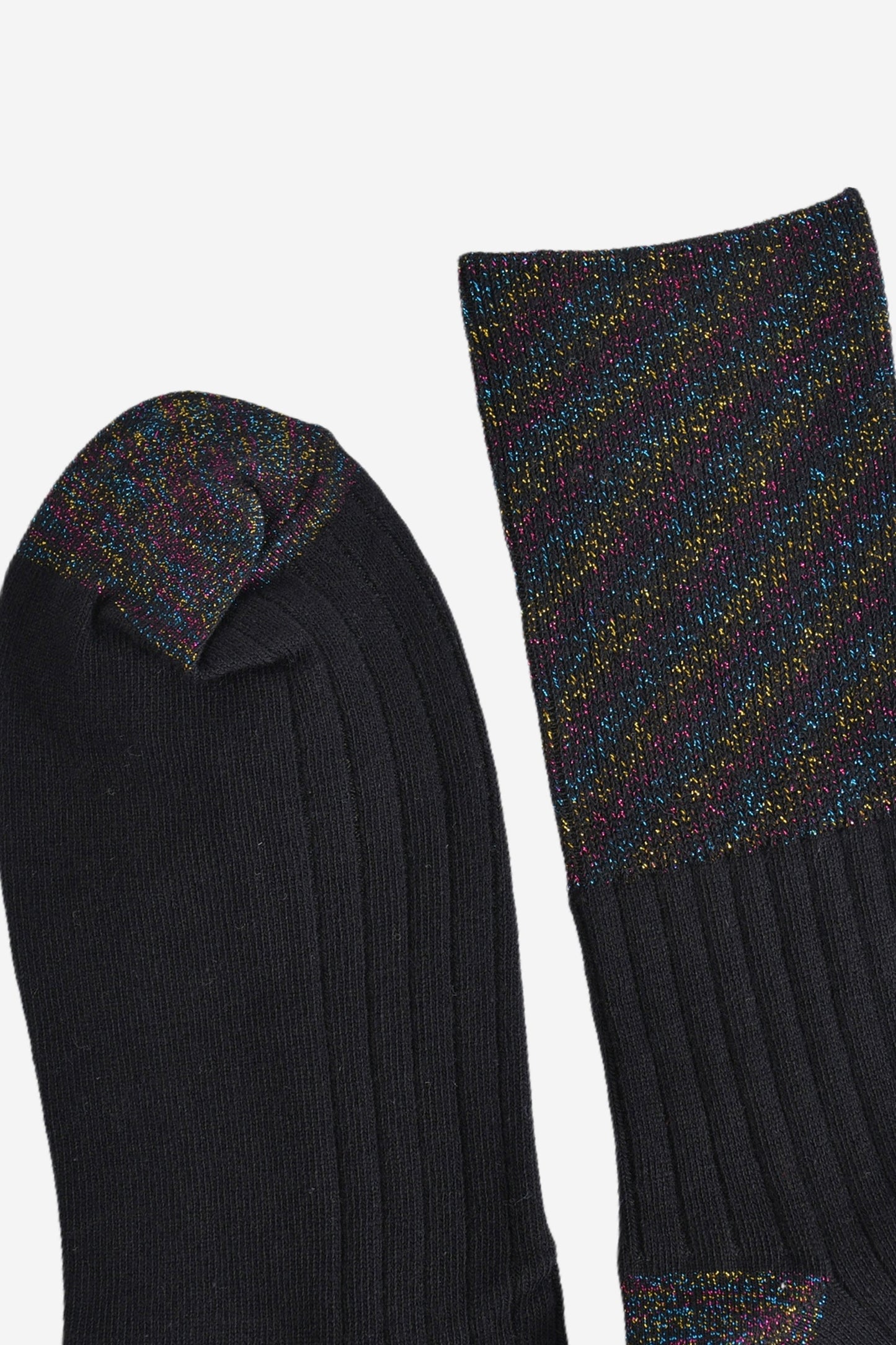 close up of the toe and cuff, both have the black rainbow glitter pattern and contrast the plain black ribbed body of the socks