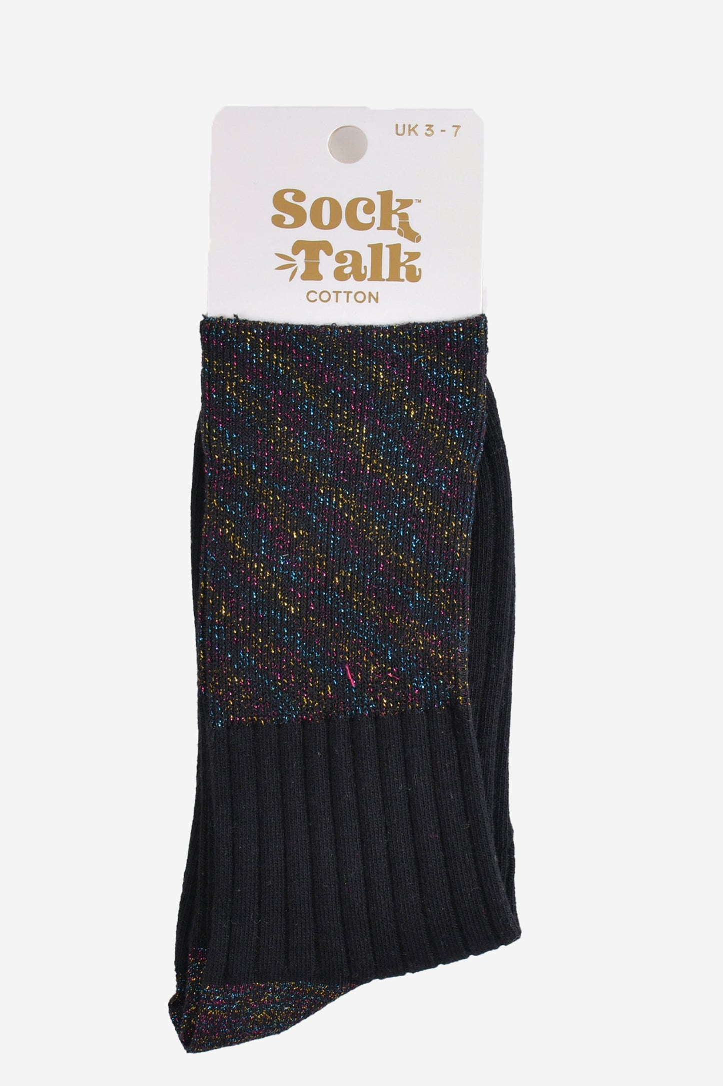 black rainbow folding cuff ankle socks in their sock talk packaging, the socks are a uk size 3-7