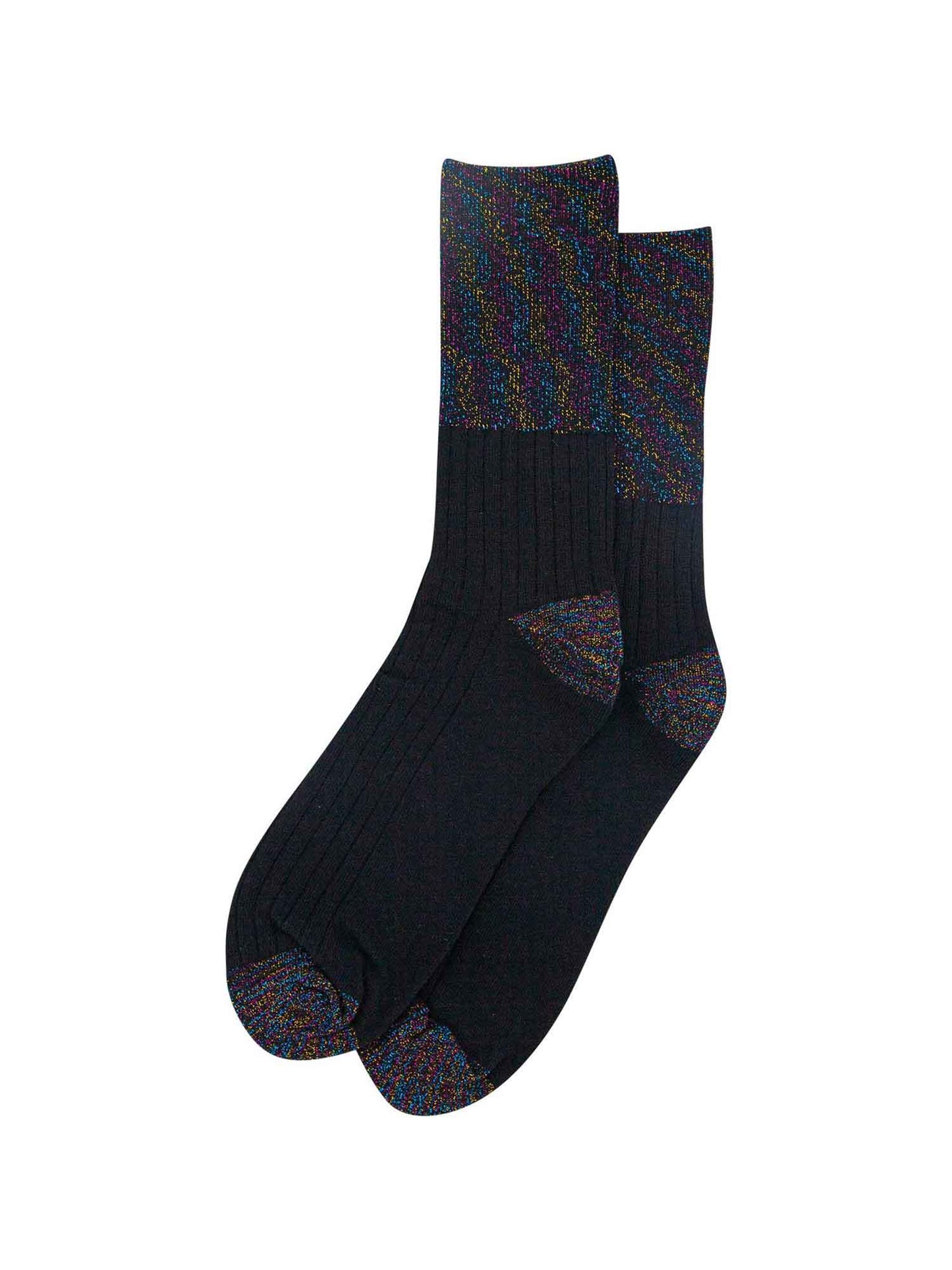 showing the socks laying flat, the folding cuff is clearly visible and has an all over rainbow glitter sparkle. the body of the socks are ribbed.
