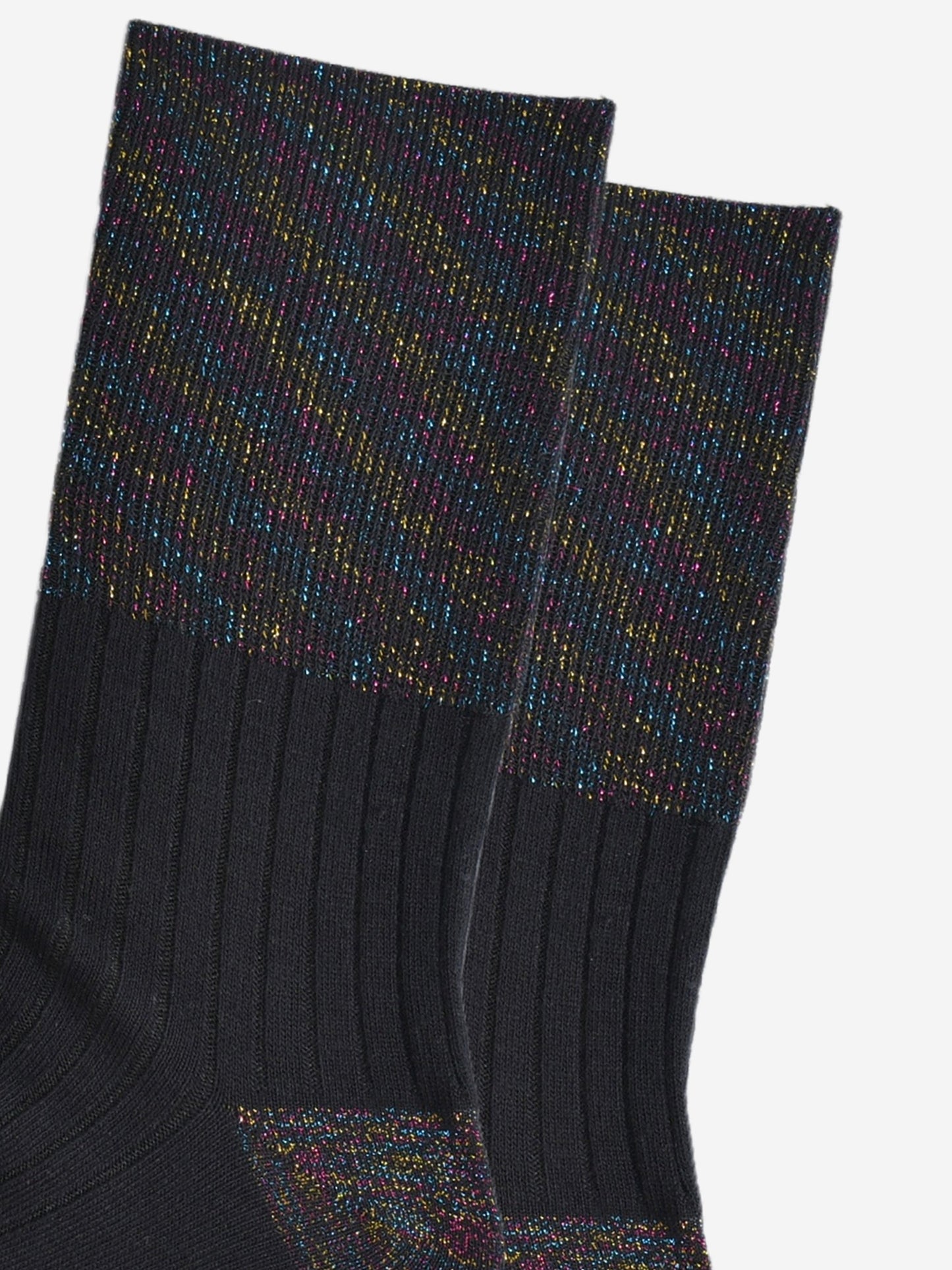close up of the black rainbow glitter folding cuff on the black cotton socks. showing an all over rainbow sparkle