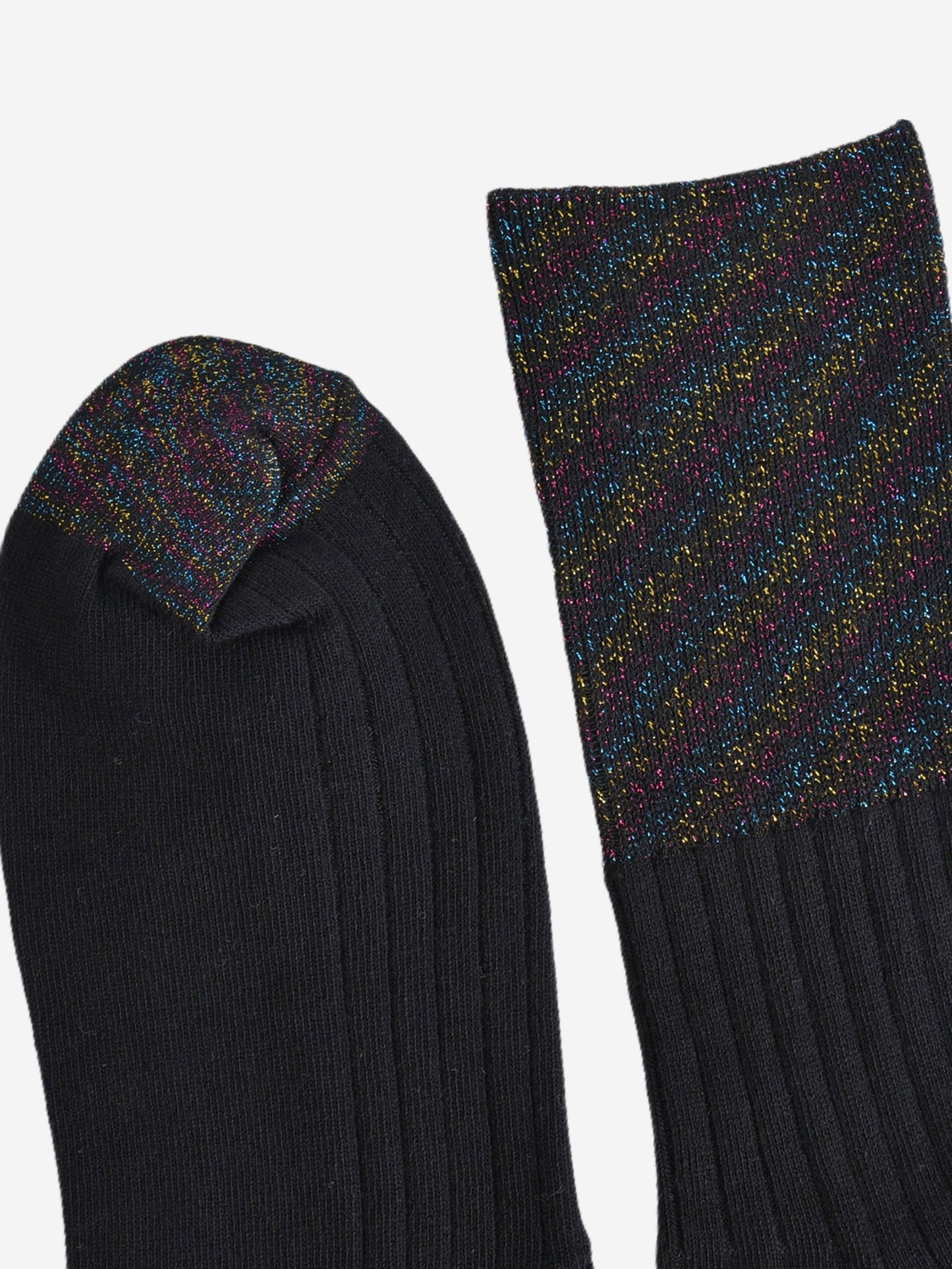 close up of the toe and cuff, both have the black rainbow glitter pattern and contrast the plain black ribbed body of the socks