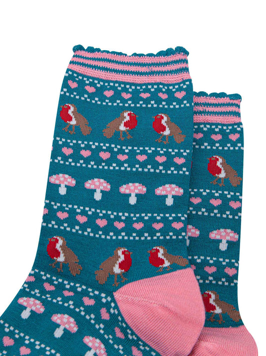 Robin Fair Isle Bamboo Socks in Teal