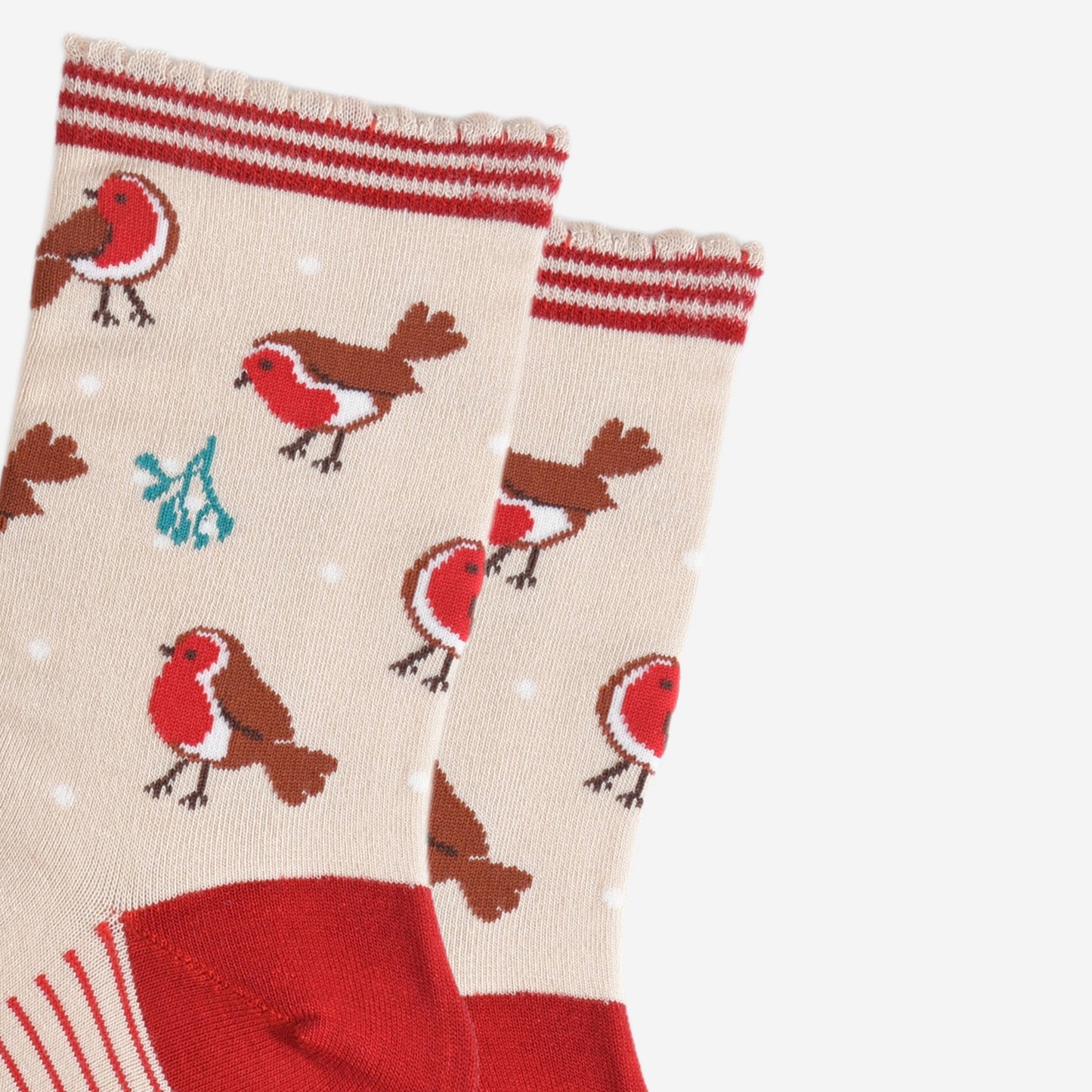 close up of the red robins and mistle toe pattern on the socks, also visible are small white dots designed to look like subtle falling snowflakes