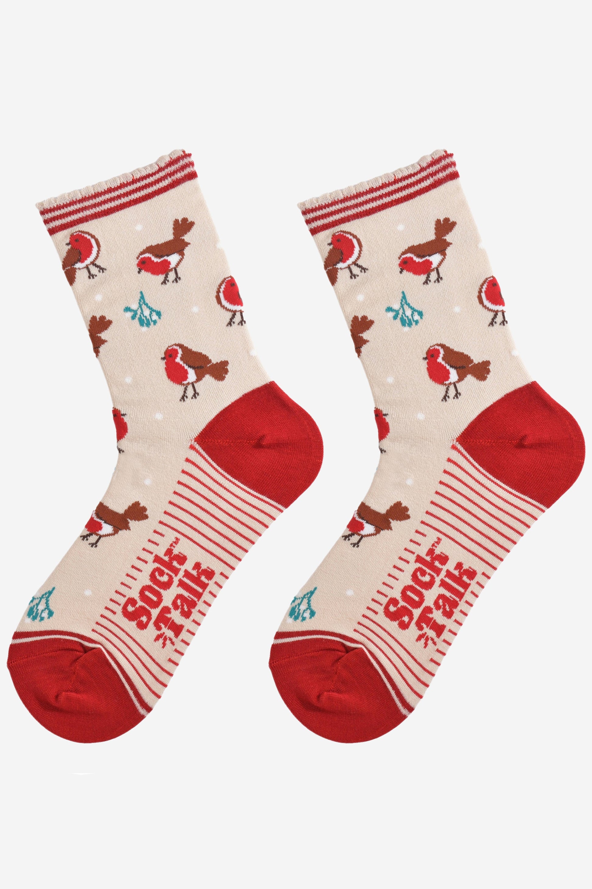 cream and red christmas robin bamboo socks laying flat, showing the all over pattern of red robin birds and festive mistletoe