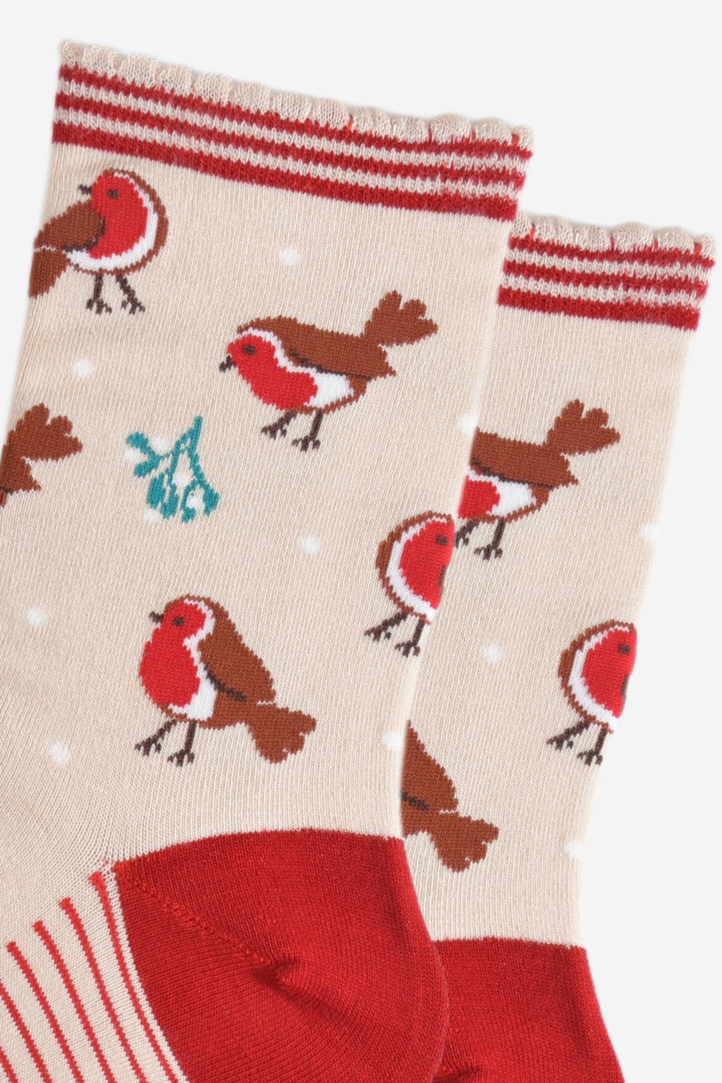 close up of the red robins and mistle toe pattern on the socks, also visible are small white dots designed to look like subtle falling snowflakes