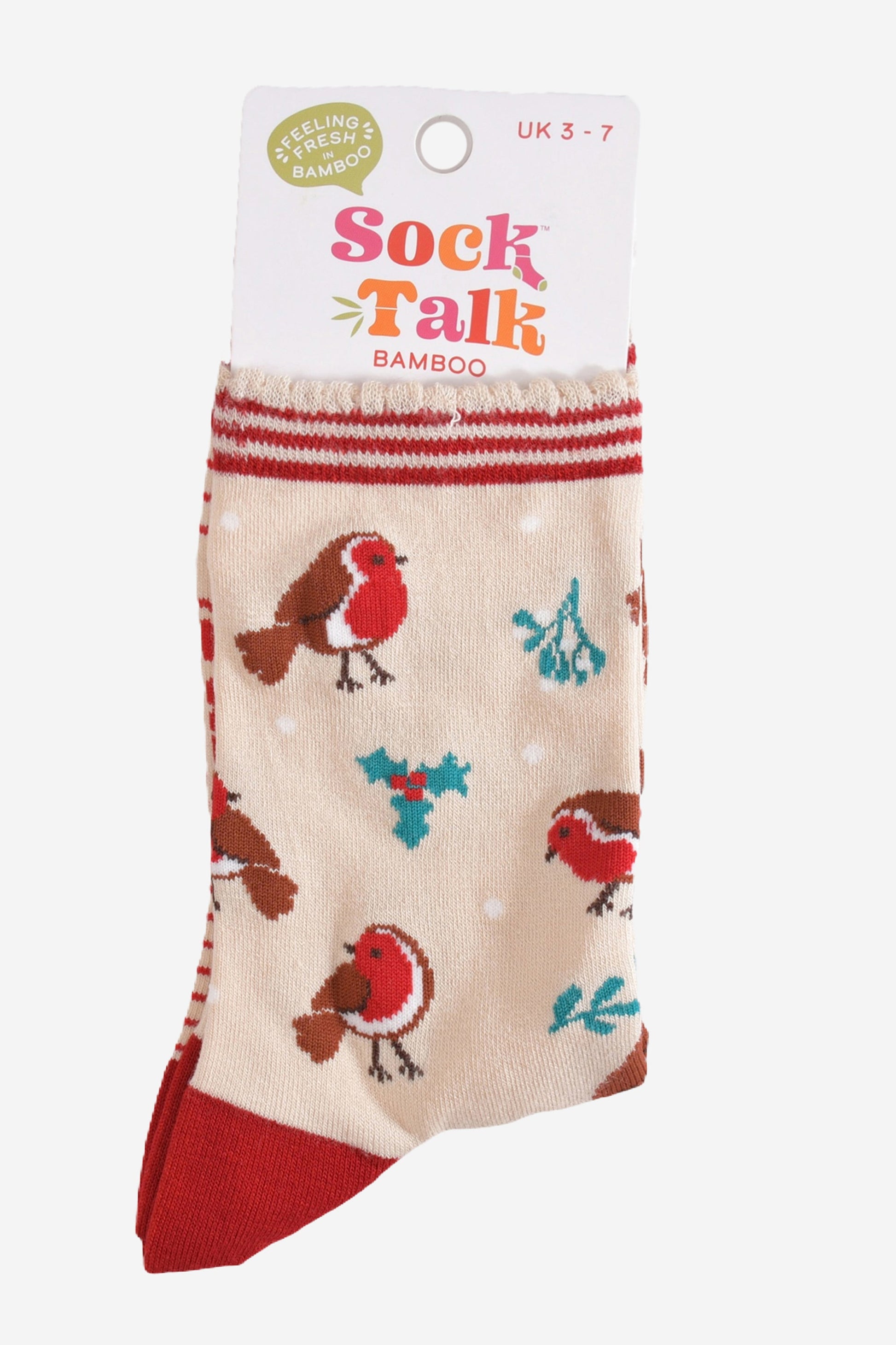 christmas robin bamboo socks in their sock talk packaging, these socks are a uk size 3-7