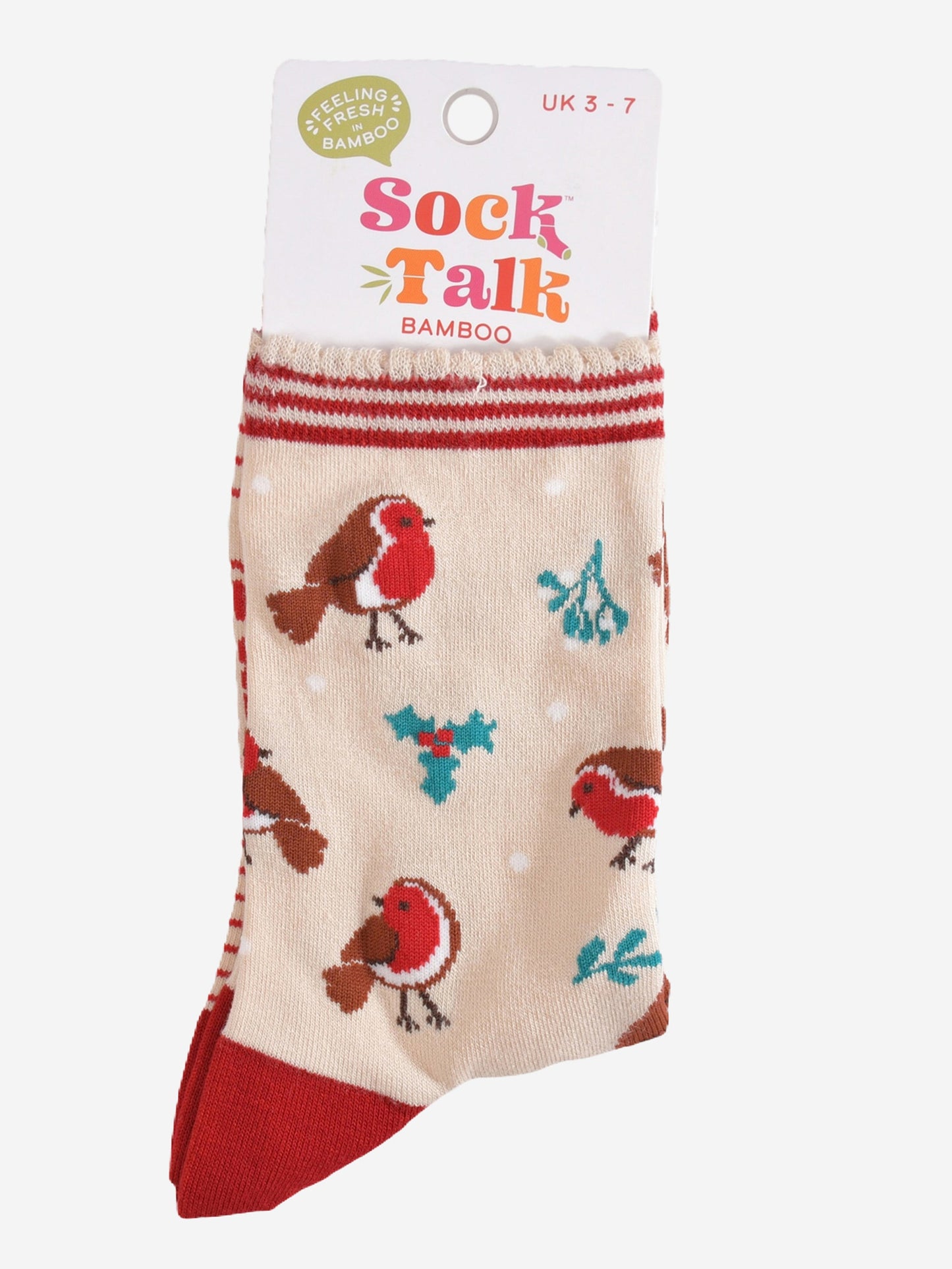 christmas robin bamboo socks in their sock talk packaging, these socks are a uk size 3-7