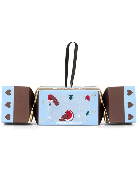 Festive-Robin-Bamboo-Crew-Socks-Christmas-Cracker-Gift-Box-in-Light-Blue/Red