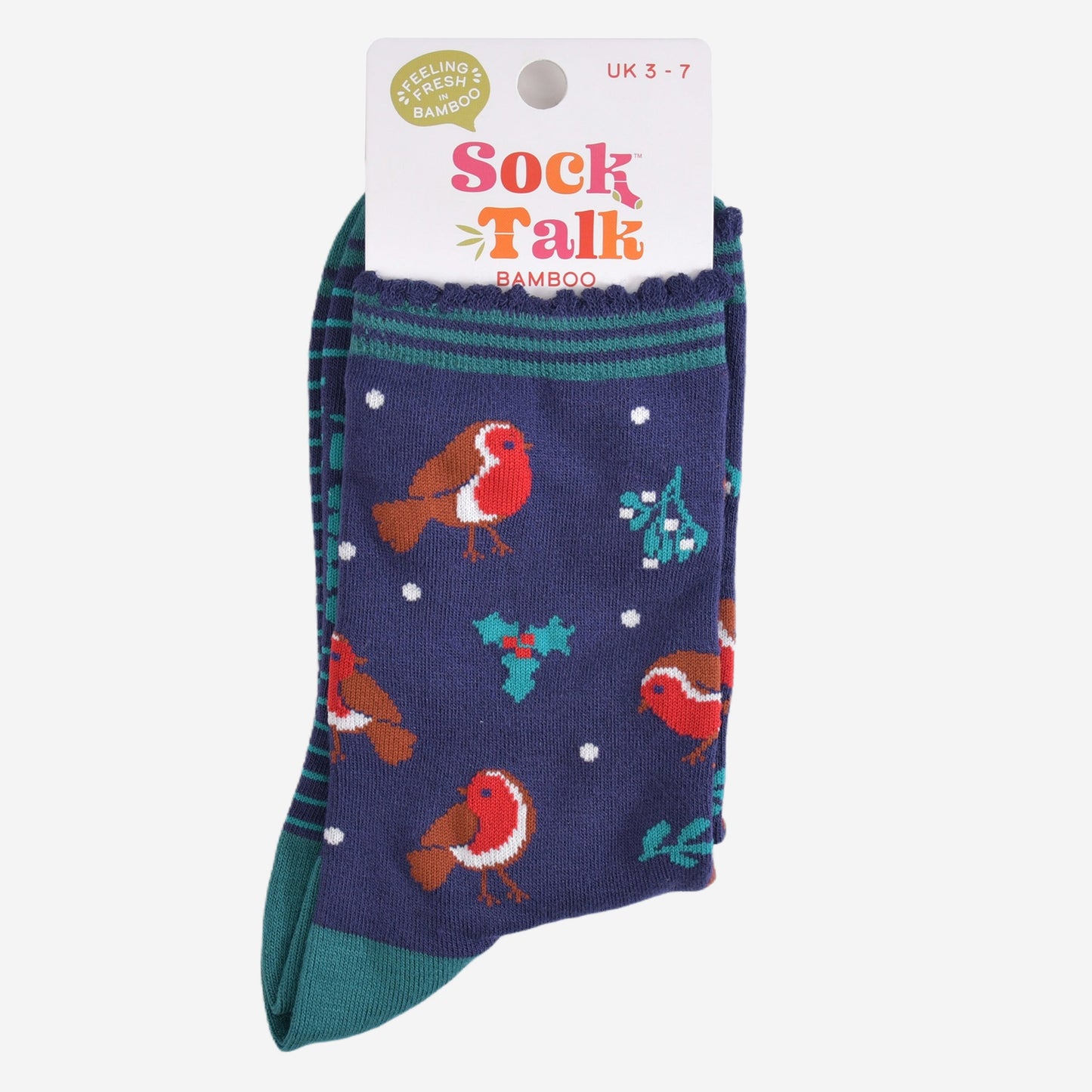 navy blue christmas robin bamboo socks in their sock talk packaging, these socks are a uk size 3-7
