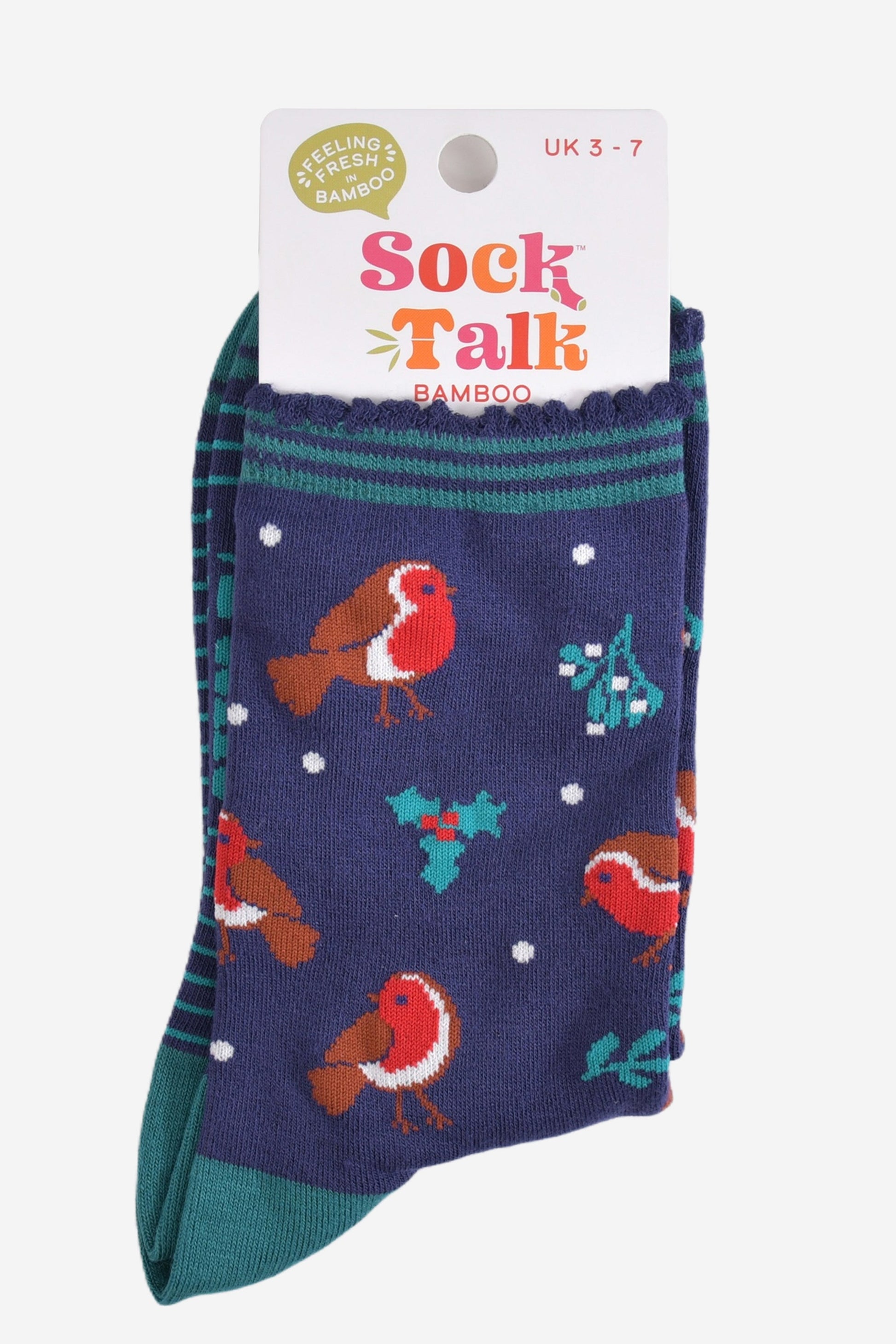 navy blue christmas robin bamboo socks in their sock talk packaging, these socks are a uk size 3-7