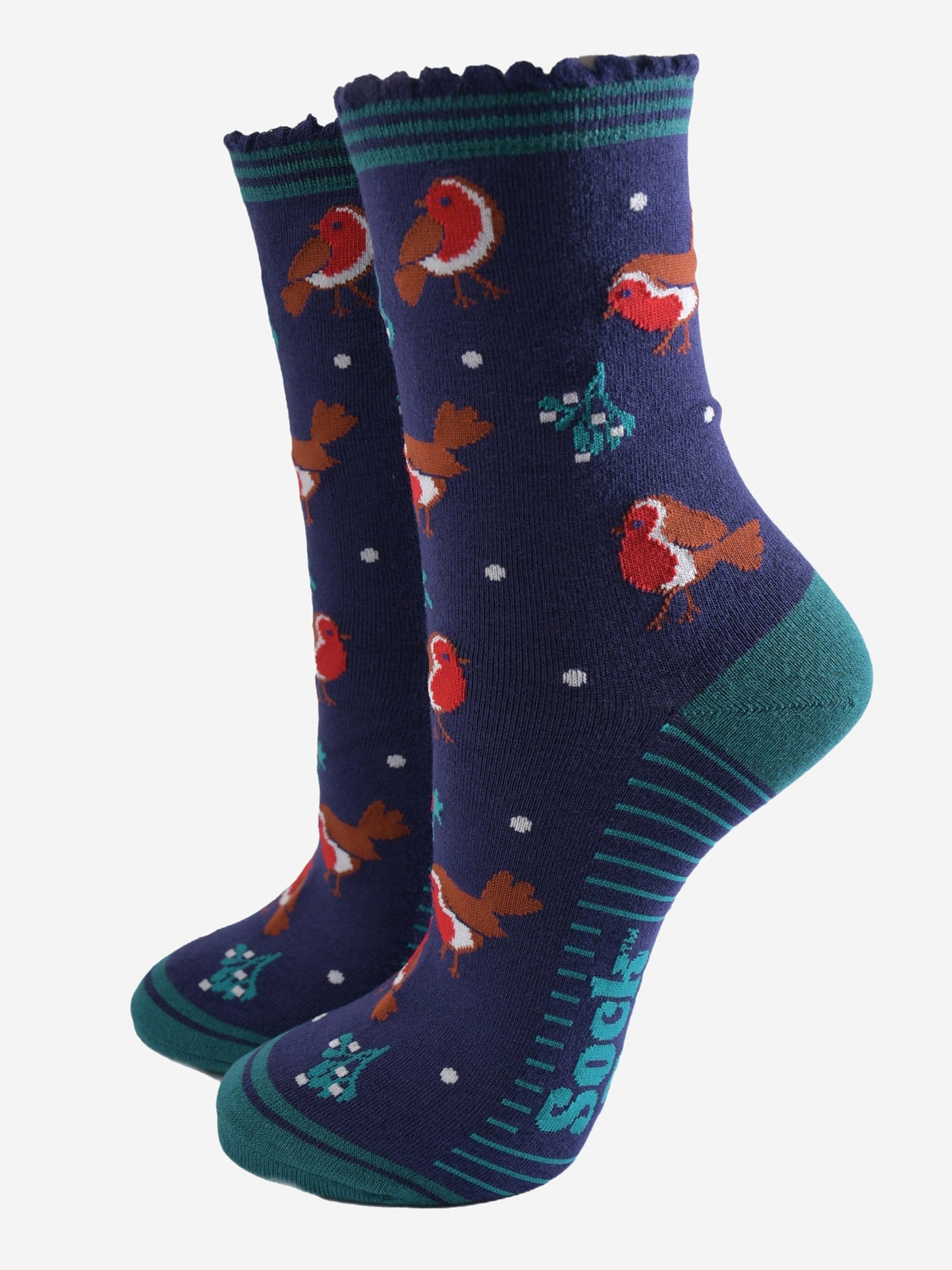 navy blue socks with a green striped cuff with a pattern of red robin birds, mistletoe and holly all over