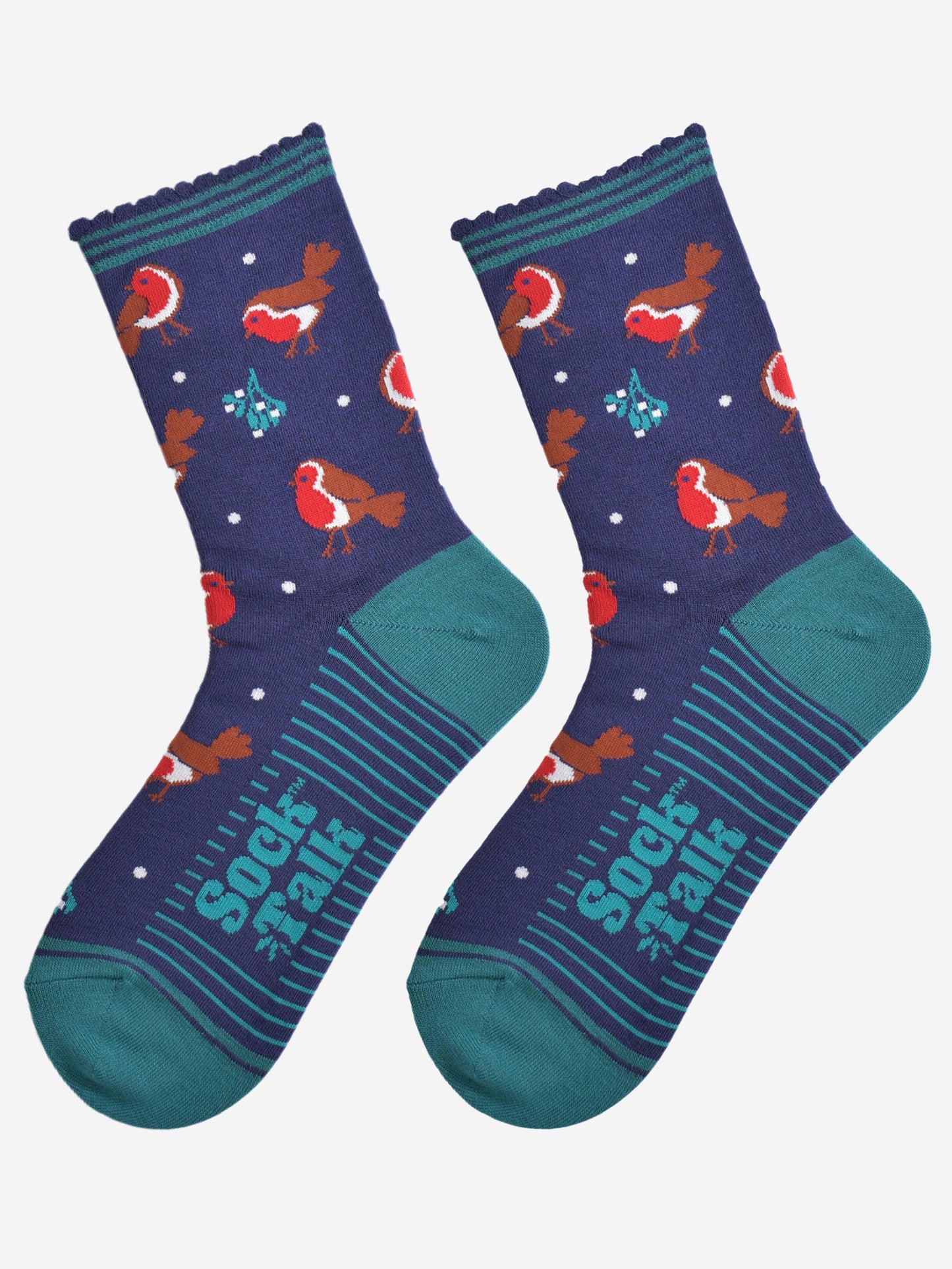 navy blue and red christmas robin bamboo socks laying flat, showing the all over pattern of red robin birds and festive mistletoe