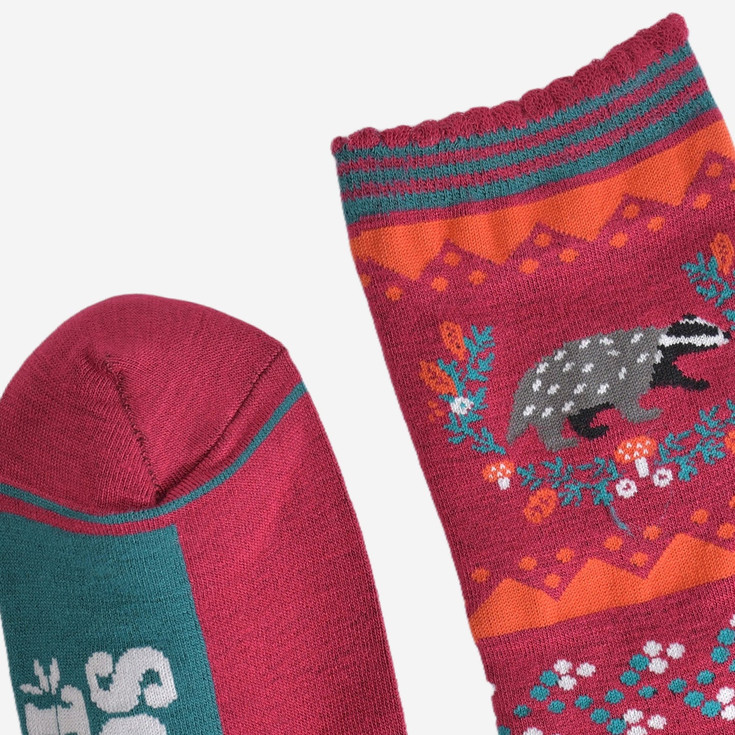 close up of the burgundy toe and burgundy and green striped scalloped cuff on the socks