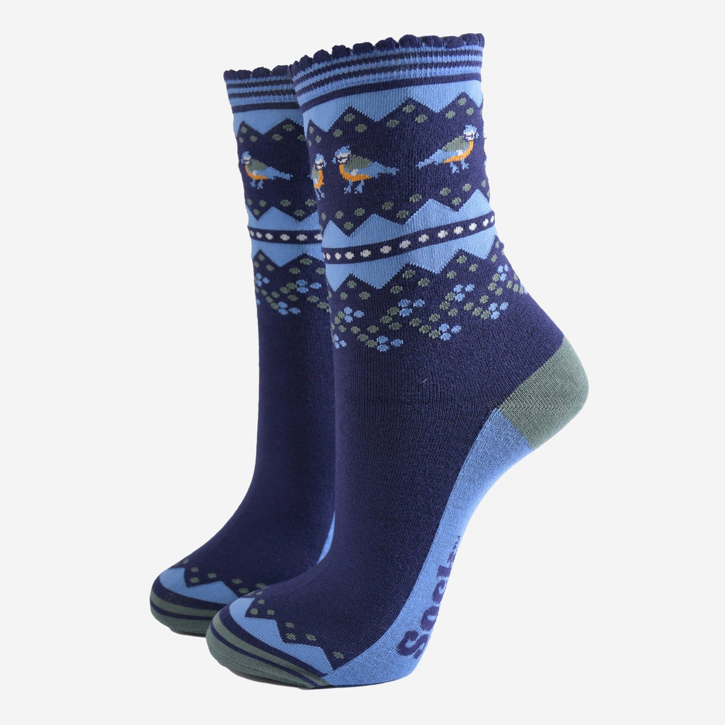 navy blue socks with a fair isle style pattern including blue tit garden birds