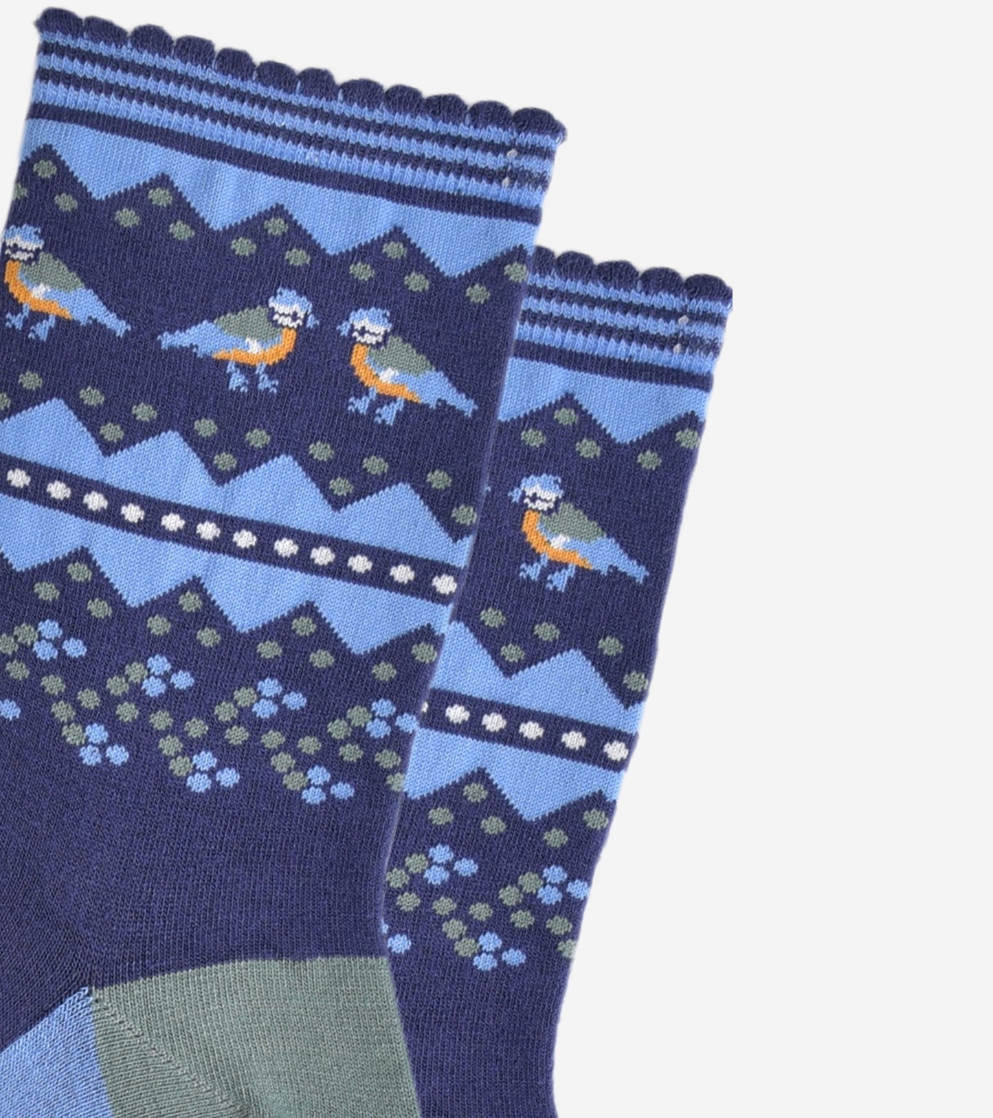 close up of the fair isle pattern and blue tit birds on the ankles of the socks, the birds are in pairs and are facing each other, they are yellow, blue and green