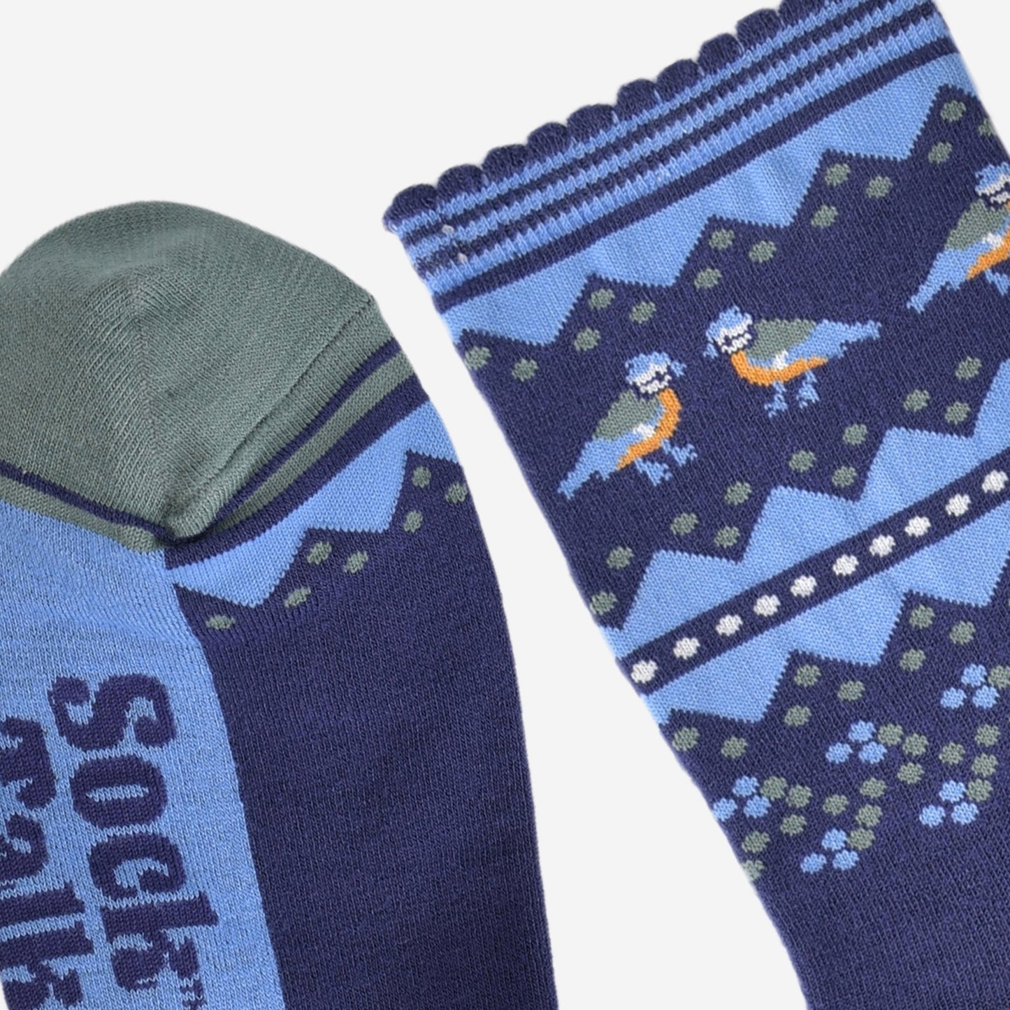 close up of the green toe and blue scalloped stripe cuff on the blue tit bird socks