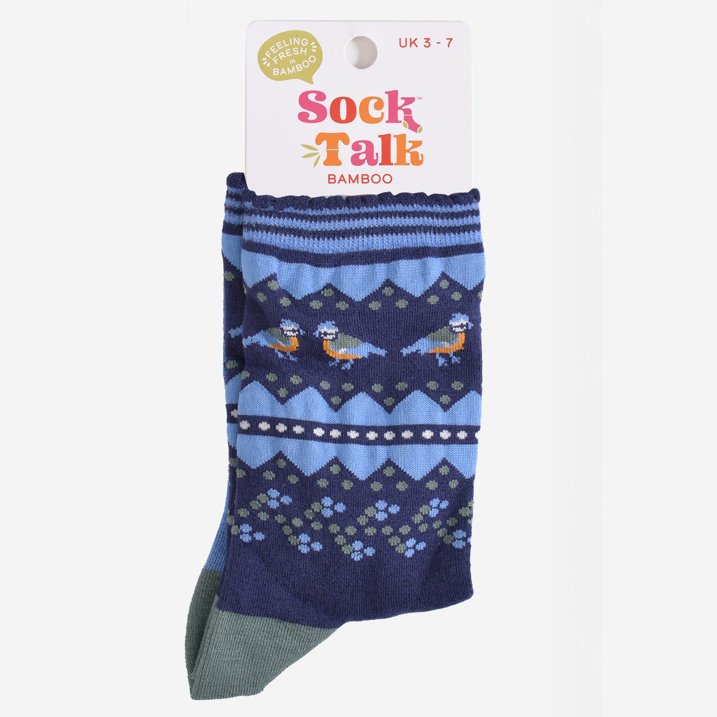 fair isle blue tit bird bamboo socks in their sock talk packaging, these socks are a uk size 3-7