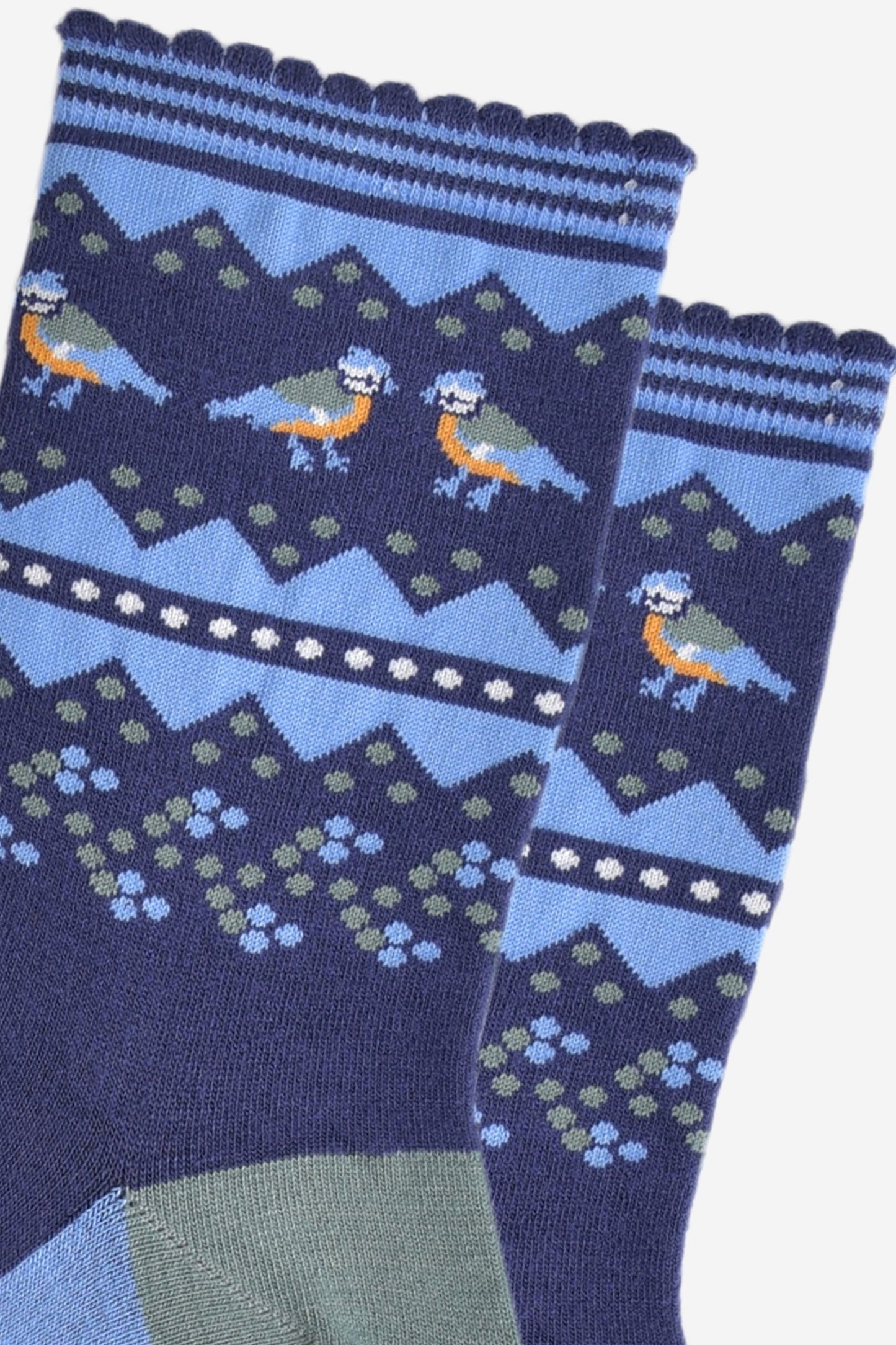 close up of the fair isle pattern and blue tit birds on the ankles of the socks, the birds are in pairs and are facing each other, they are yellow, blue and green