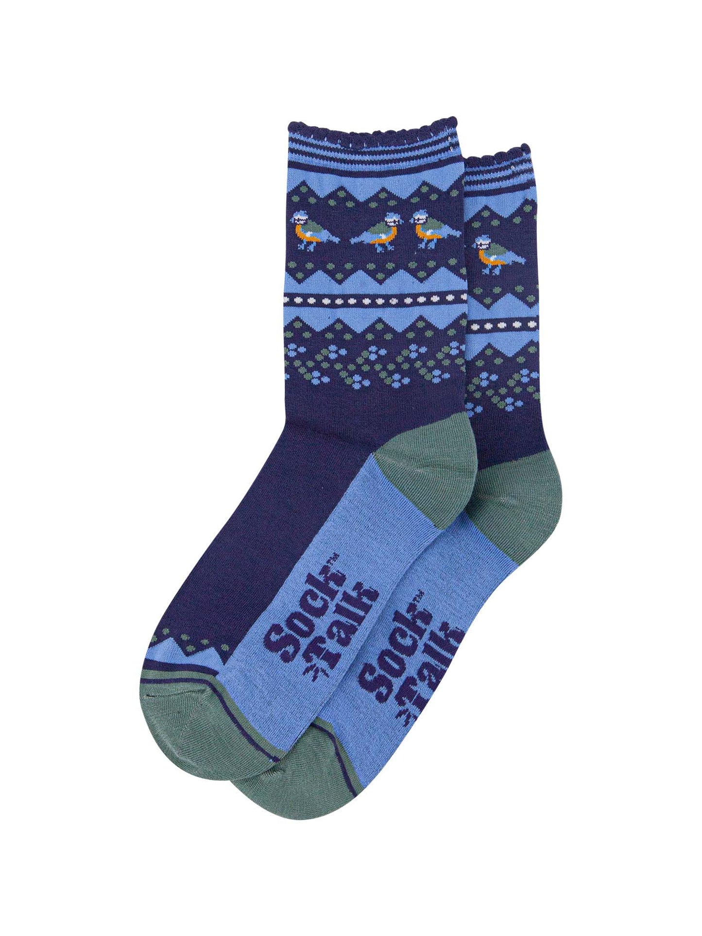 blue tit fair isle socks laying flat, showing the contrasting dark and light blue socks, with a decorative fair isle pattern around the ankles featuring blue tit garden birds