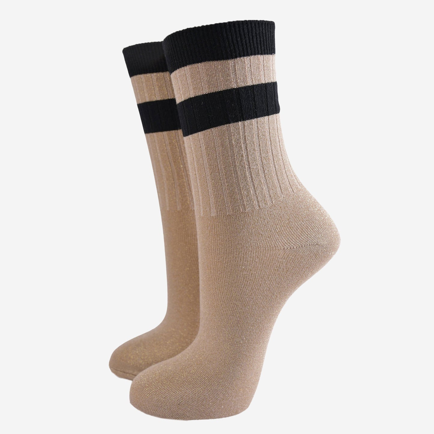 gold glitter sparkly ankle socks with ribbed cuffs and two sports style horizontal stripes on the cuff