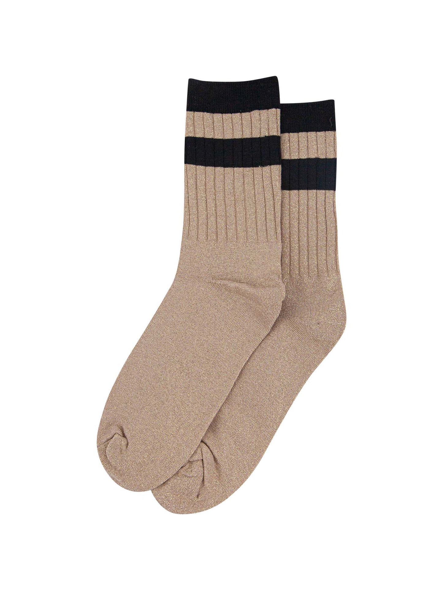 showing the socks laying flat, they have an all over gold glitter sparkle, ribbed cuffs and black striped bands on the cuff and ankle