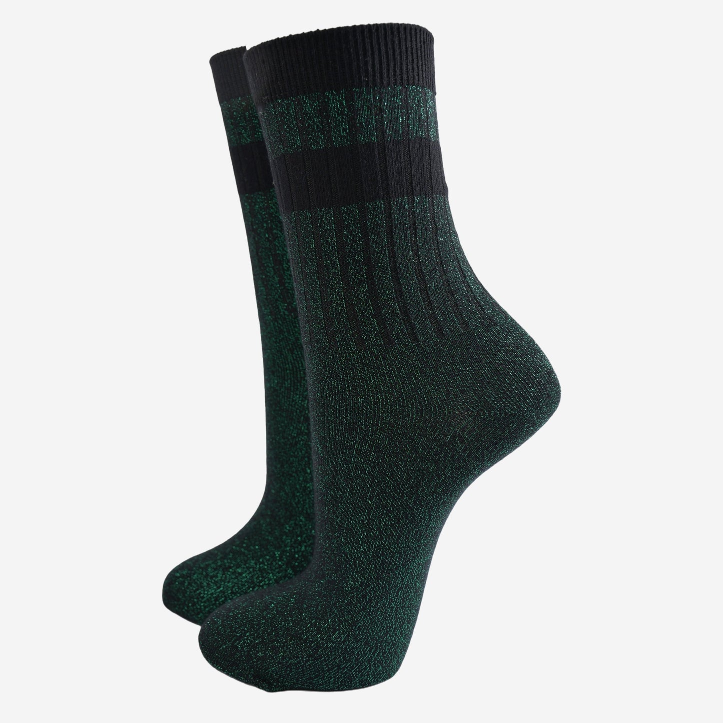 green glitter sparkly ankle socks with ribbed cuffs and two sports style horizontal stripes on the cuff