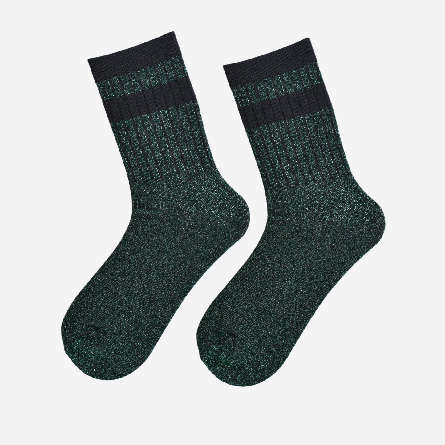 showing the socks laying flat, they have an all over green and silver glitter sparkle, ribbed cuffs and black striped bands on the cuff and ankle