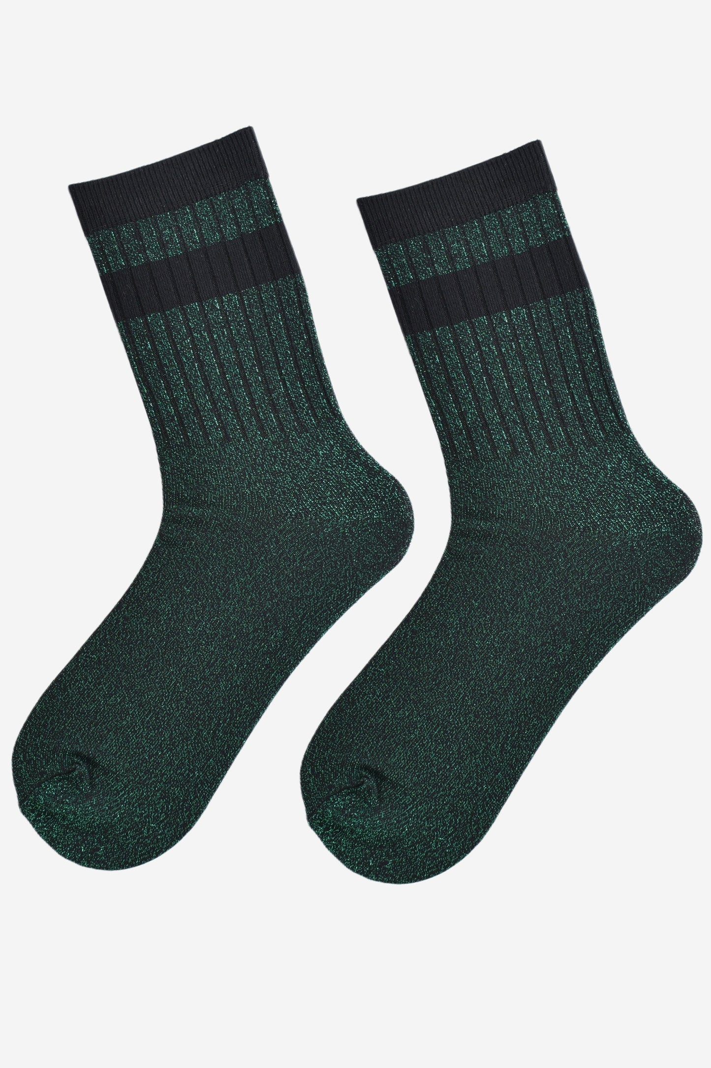 showing the socks laying flat, they have an all over green and silver glitter sparkle, ribbed cuffs and black striped bands on the cuff and ankle
