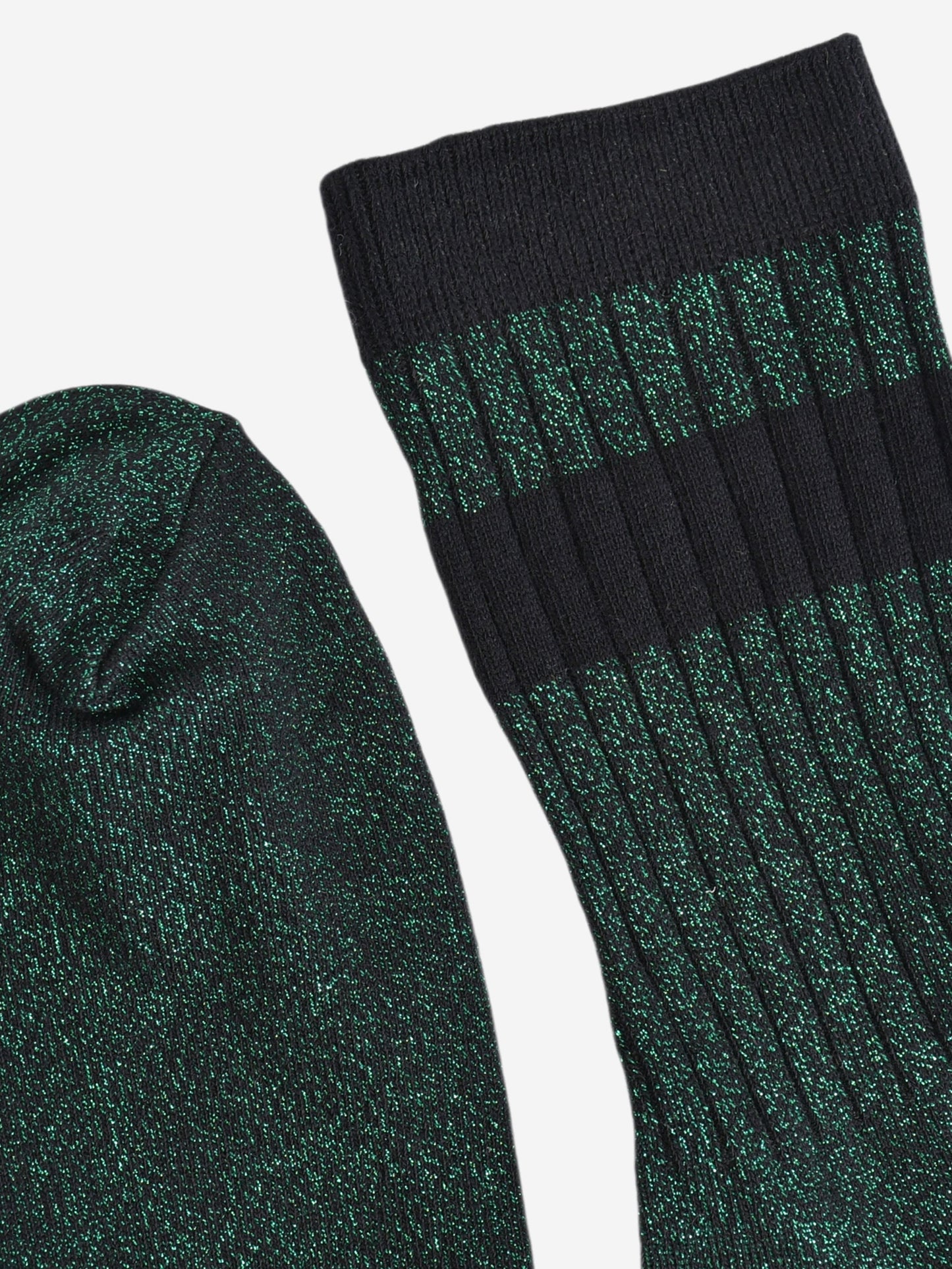 close up of the toe and cuff. the toe is green with silver glitter the same as the base of the socks. the cuff is black and without glitter.