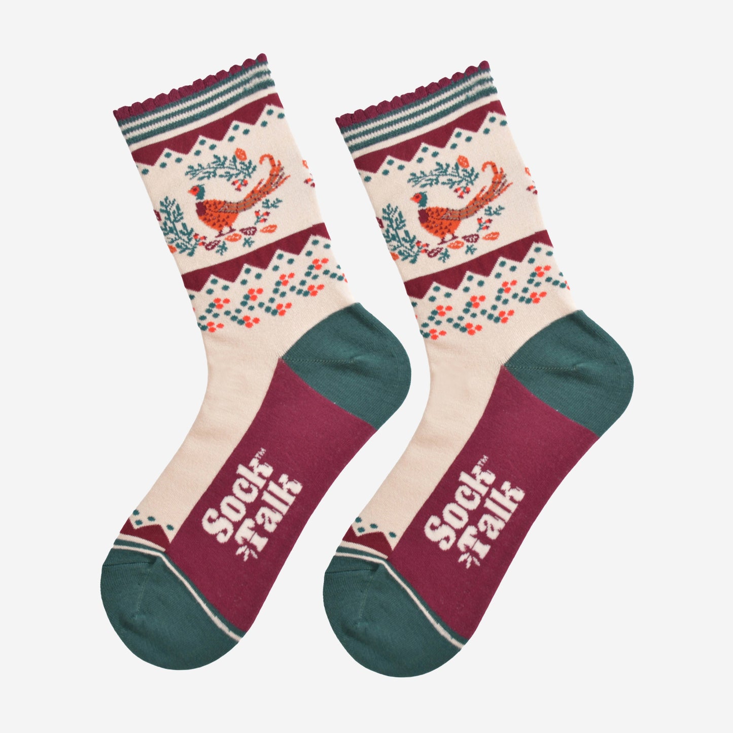 cream, green and burgundy bamboo socks laying flat showing the colourful woodland pheasant and autumn foliage design on the ankle of the socks