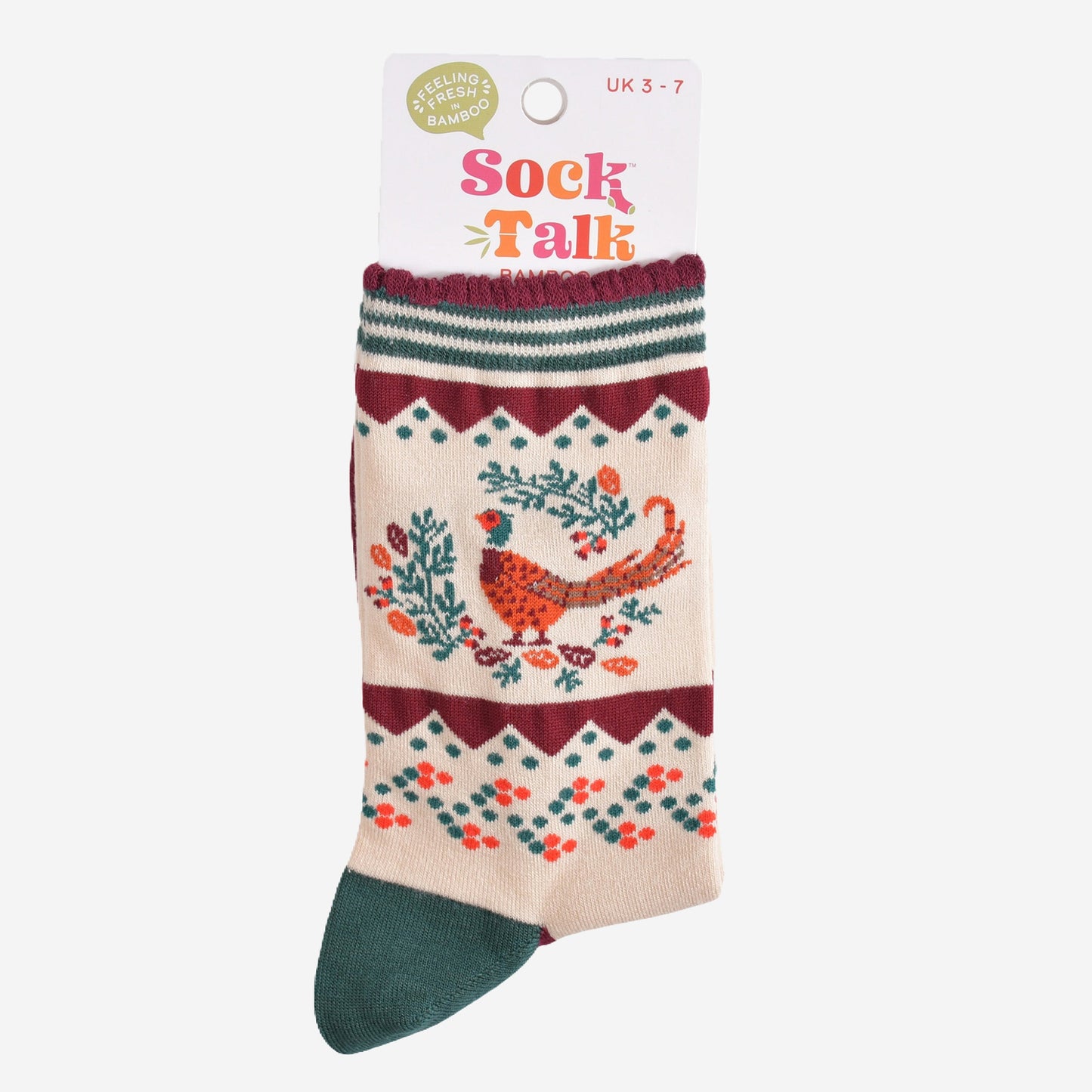pheasant and wreath bamboo socks in their sock talk packaging, these socks are a uk size 3-7