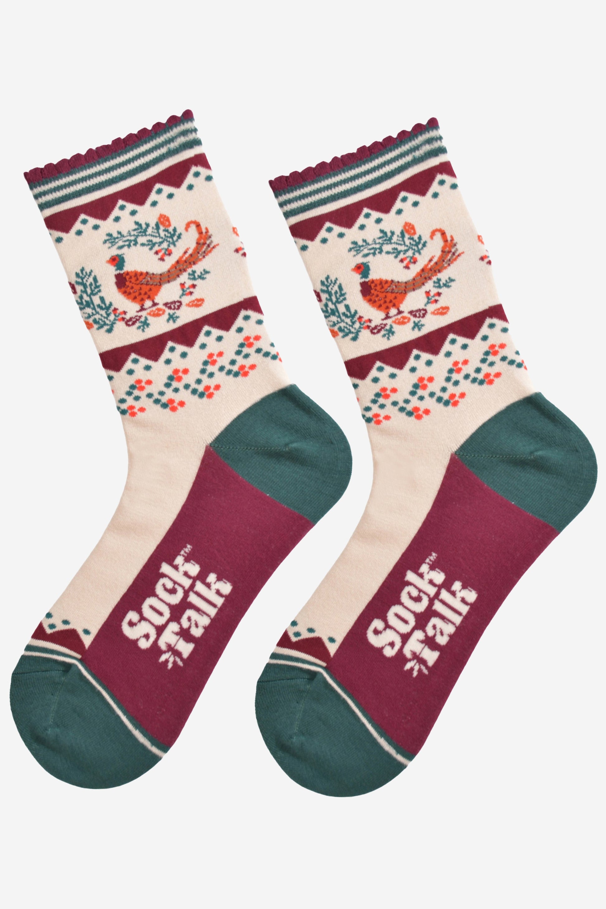 cream, green and burgundy bamboo socks laying flat showing the colourful woodland pheasant and autumn foliage design on the ankle of the socks