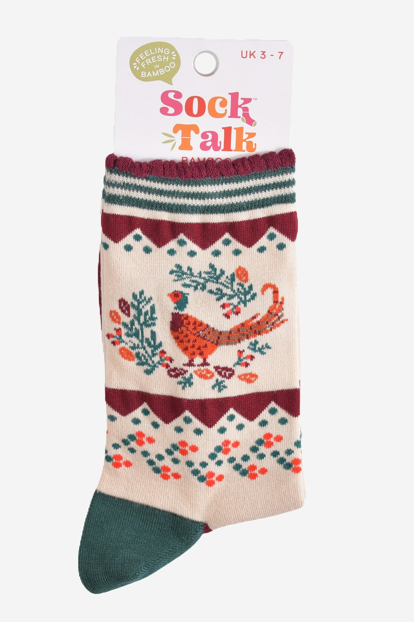 pheasant and wreath bamboo socks in their sock talk packaging, these socks are a uk size 3-7