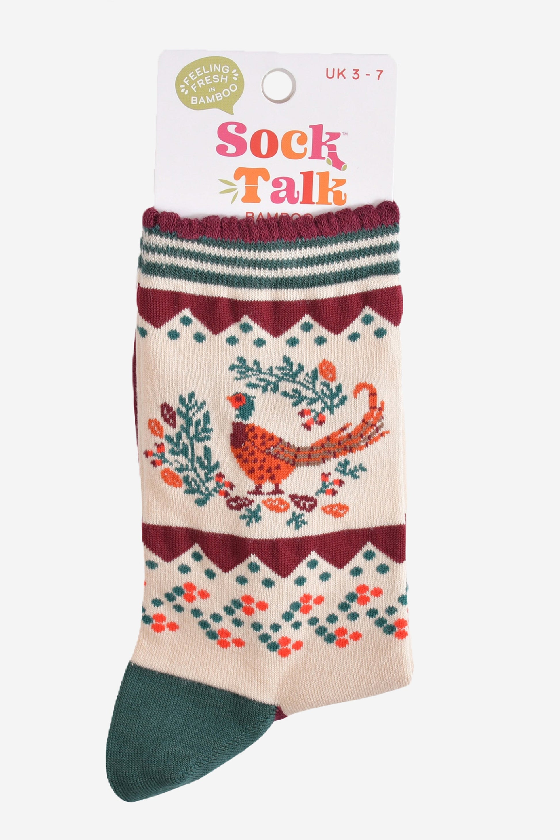 pheasant and wreath bamboo socks in their sock talk packaging, these socks are a uk size 3-7