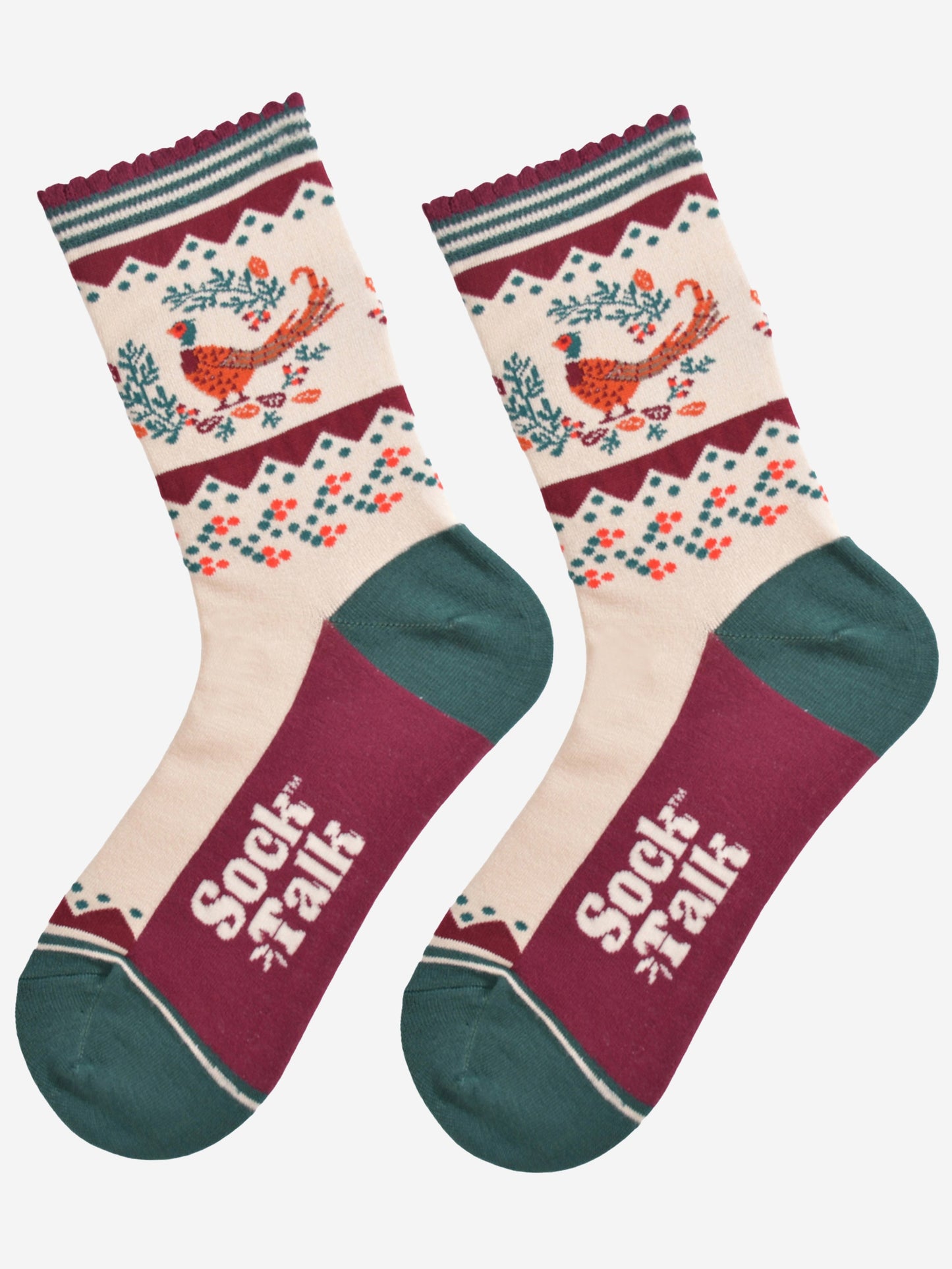 cream, green and burgundy bamboo socks laying flat showing the colourful woodland pheasant and autumn foliage design on the ankle of the socks