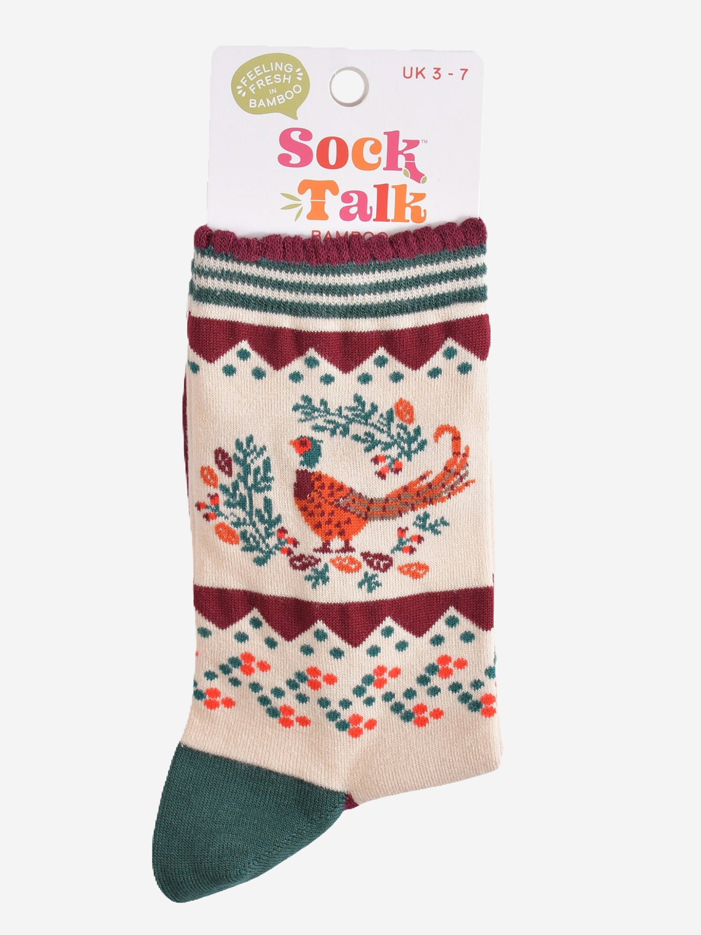 pheasant and wreath bamboo socks in their sock talk packaging, these socks are a uk size 3-7