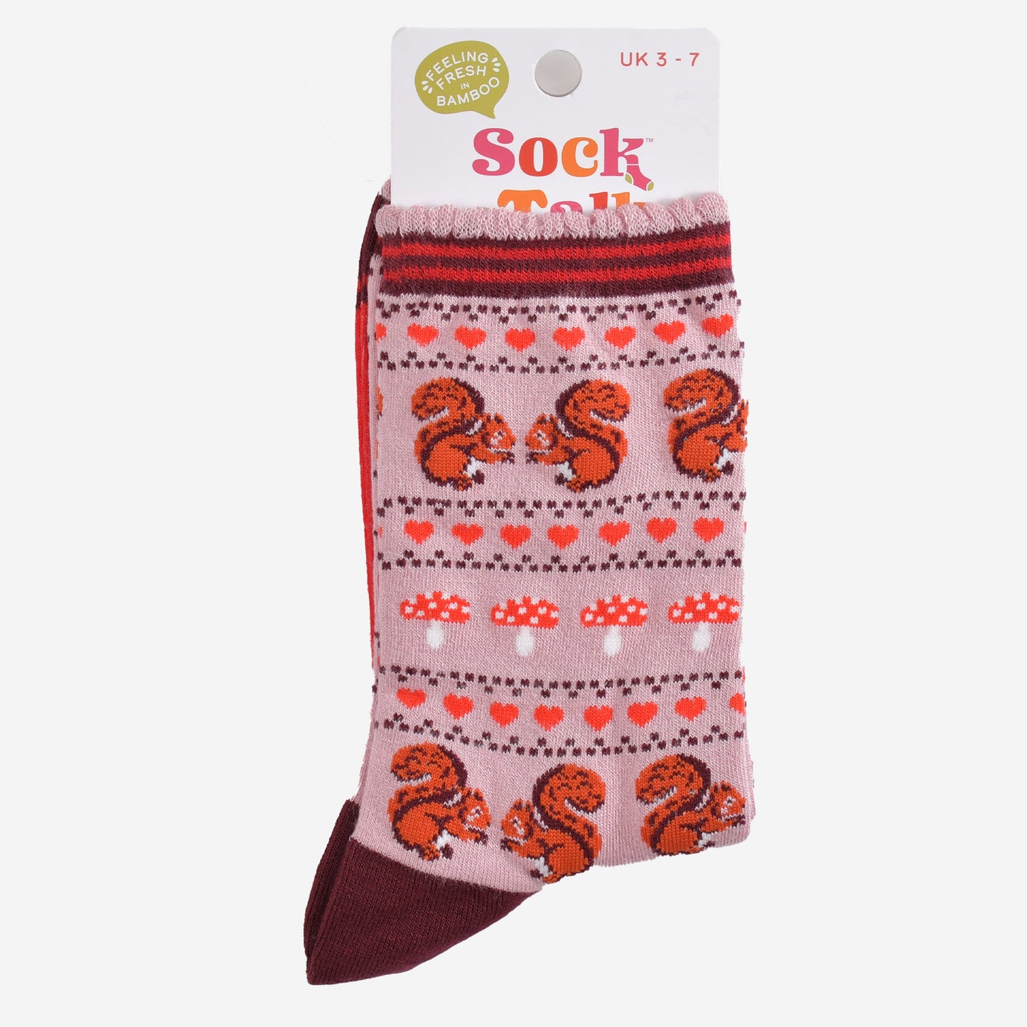 squirrel fair isle bamboo socks in their sock talk packaging, these socks are a uk size 3-7
