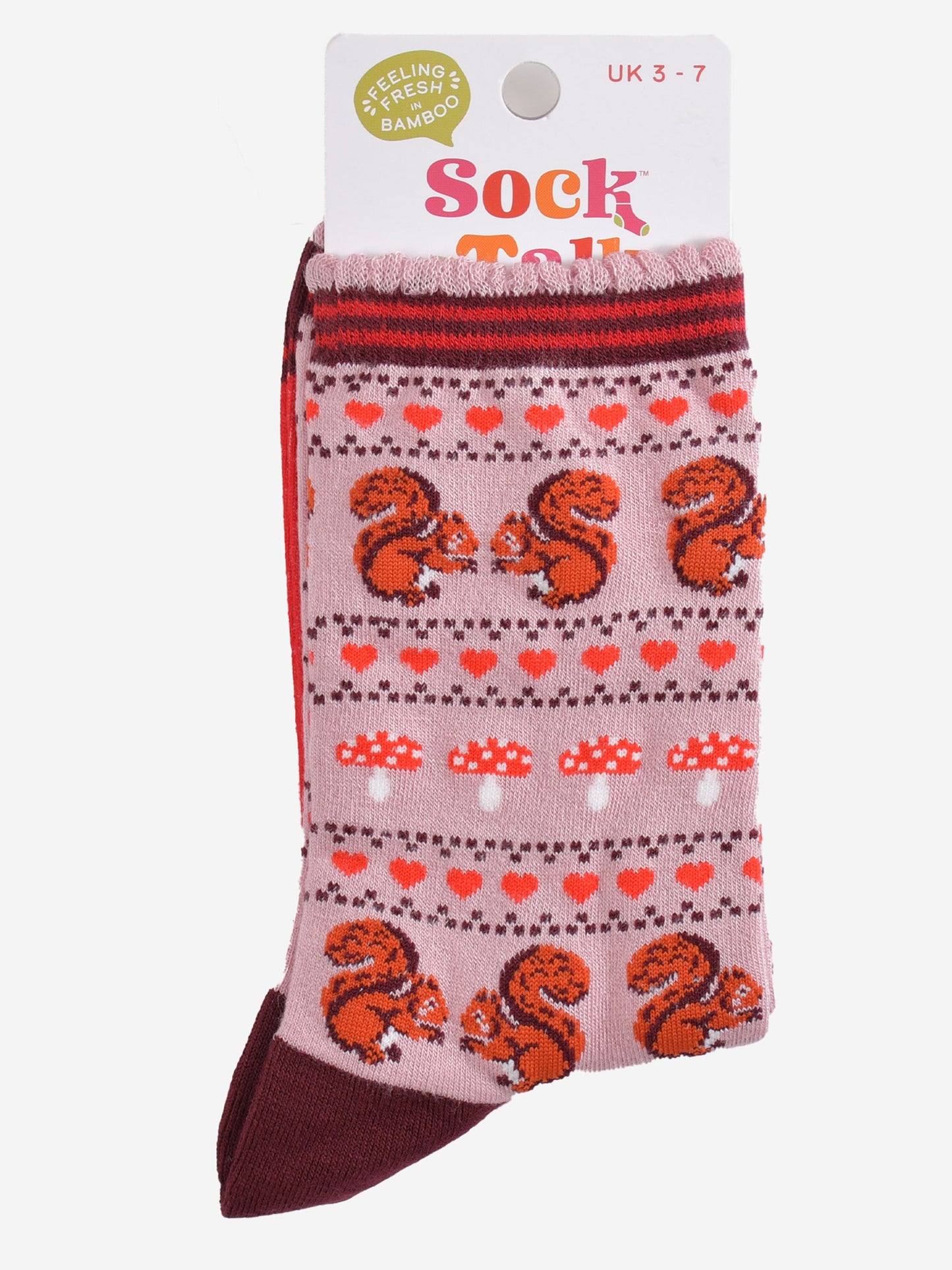squirrel fair isle bamboo socks in their sock talk packaging, these socks are a uk size 3-7