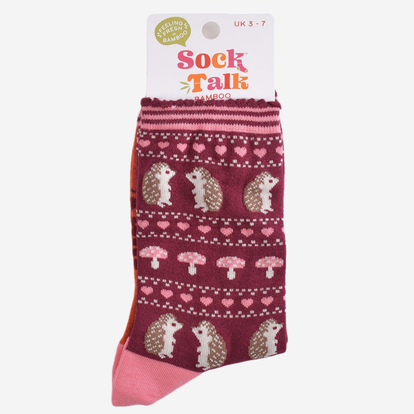 hedgehog fair isle bamboo socks in their sock talk packaging, these socks are a uk size 3-7