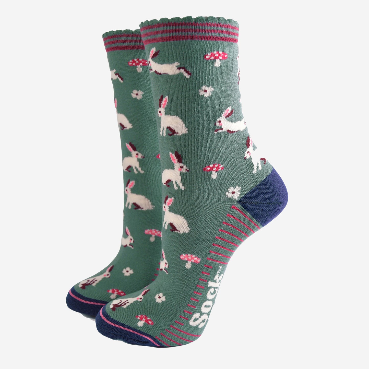 sage green ankle socks with a pattern of white rabbits and pink toadstools