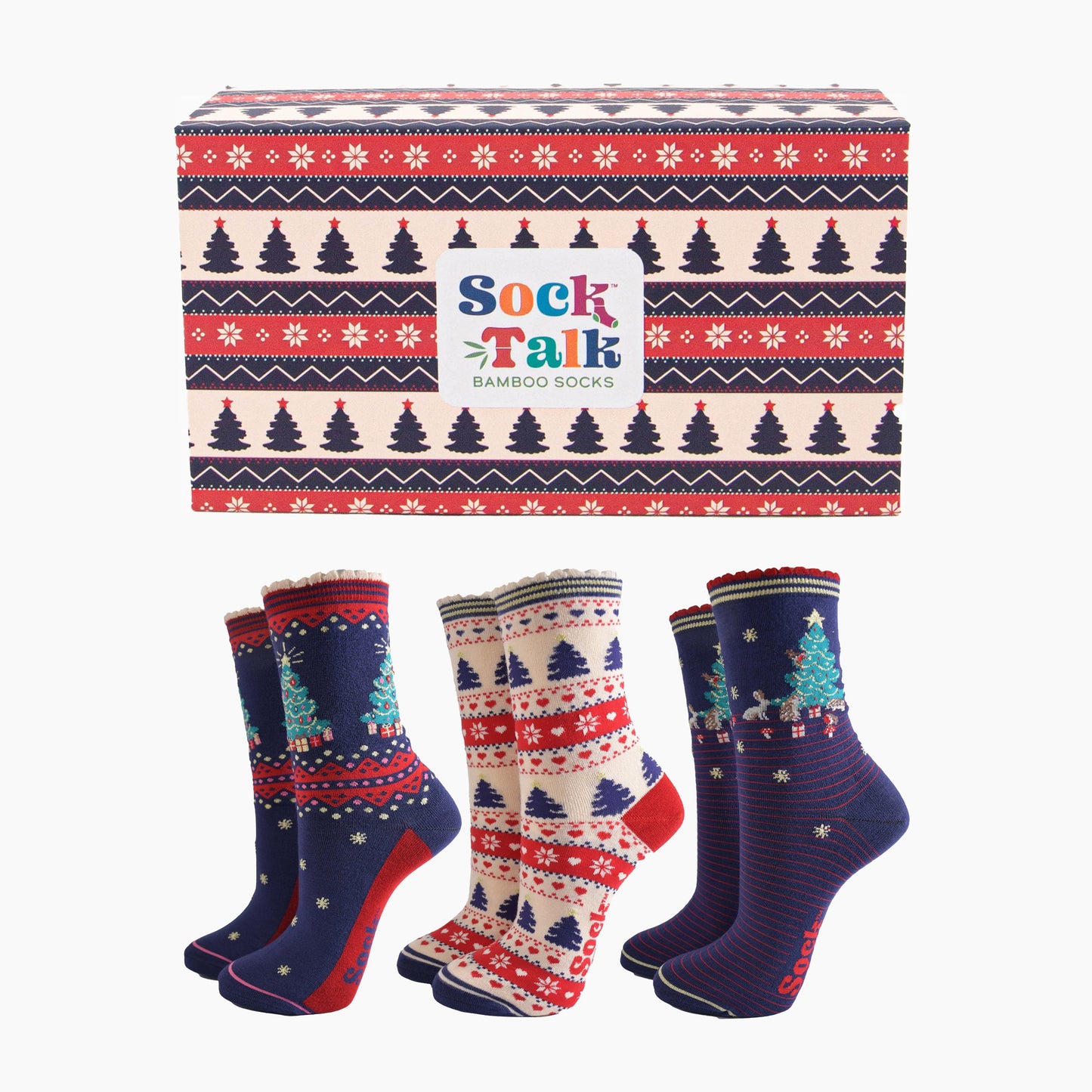 Women's Bamboo SockS Gift Box - Navy Blue/Cream, Christmas Trees