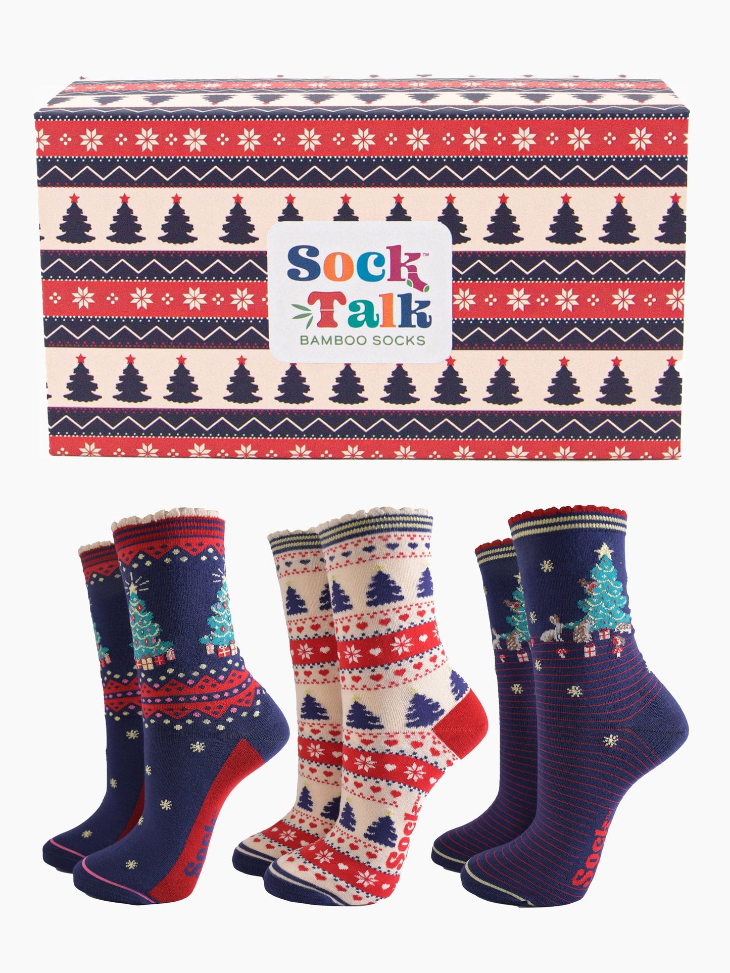 Women's Bamboo SockS Gift Box - Navy Blue/Cream, Christmas Trees