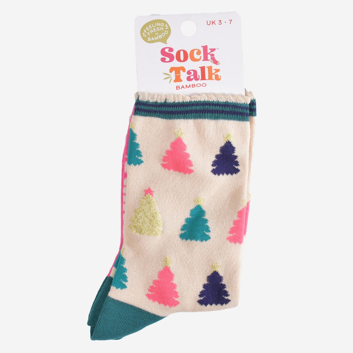 multicoloured christmas tree bamboo socks in their sock talk packaging, these socks are a uk size 3-7
